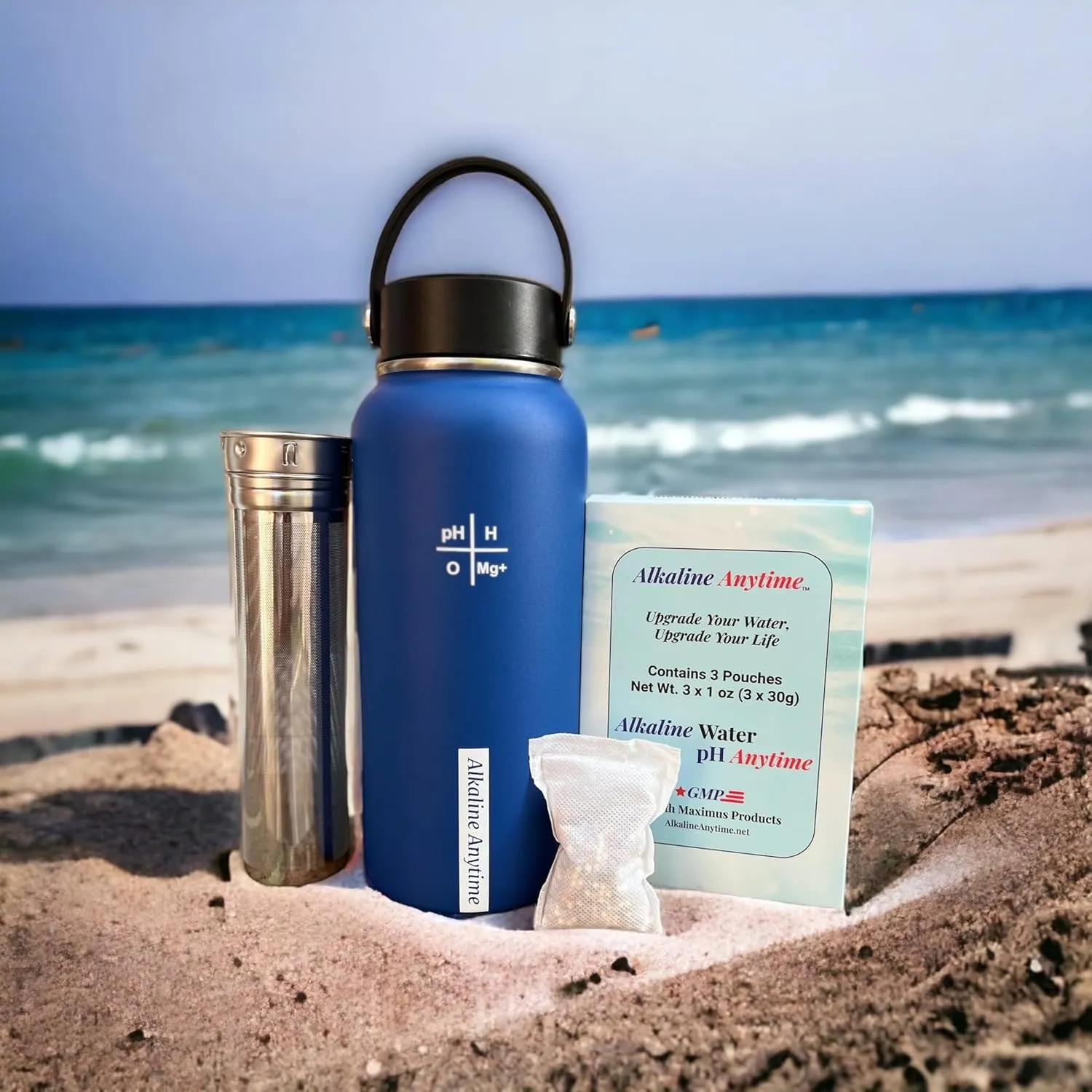 32oz. Alkaline Water Bottle Stainless Steel (950ml) | Premium 9.5  pH | Wide Mouth Insulated Bottle | Carry Handle Lid | Alkaline Ionized | Infuser (30g Infuser and 3 Filters, Blue)