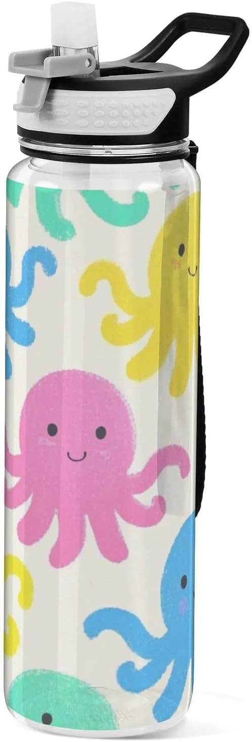 32oz Beige Cartoon animal sea Silhouette Travel Water Bottle Tritan Leak Proof & BPA Free non toxic Water Jug with Straw for Camping Collapsible