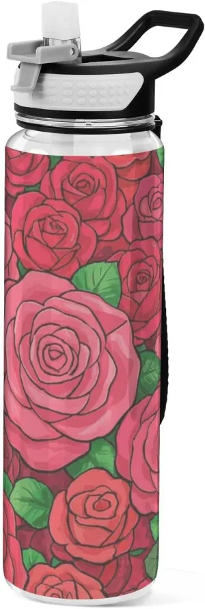 32oz Cute Cartoon Flowers Rose Slim Water Bottle with Straw Tritan BPA Free non toxic Jug Water Bottle for Camping Collapsible