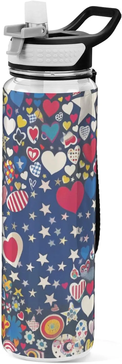 32oz Heart Decorated 4th Of July Independence Cartoon Simply Modern Water Bottle Tritan Non-BPA non toxic Water Jug for Work for Sports Collapsible