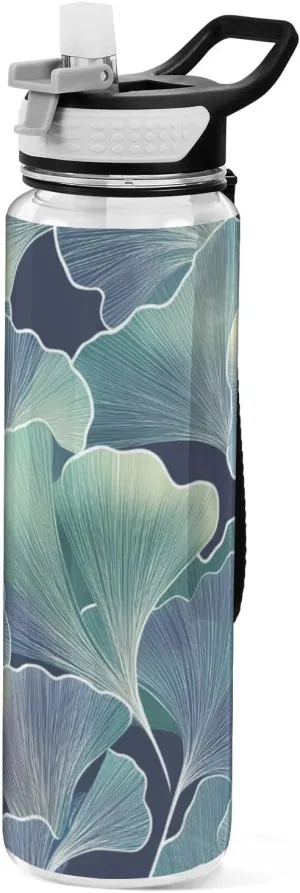 32oz Maple Leaves Blue Pattern Slim Water Bottle Tritan BPA-Free non toxic Water Jug for Gym for Camping Collapsible