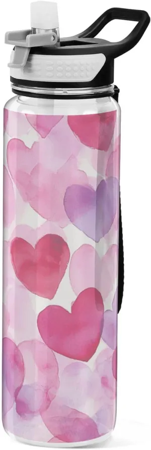 32oz Valentine Cartoon Pink Heart Water Bottle with Straw Tritan BPA-Free non toxic Large Water Jug with Spout for Outdoors Collapsible