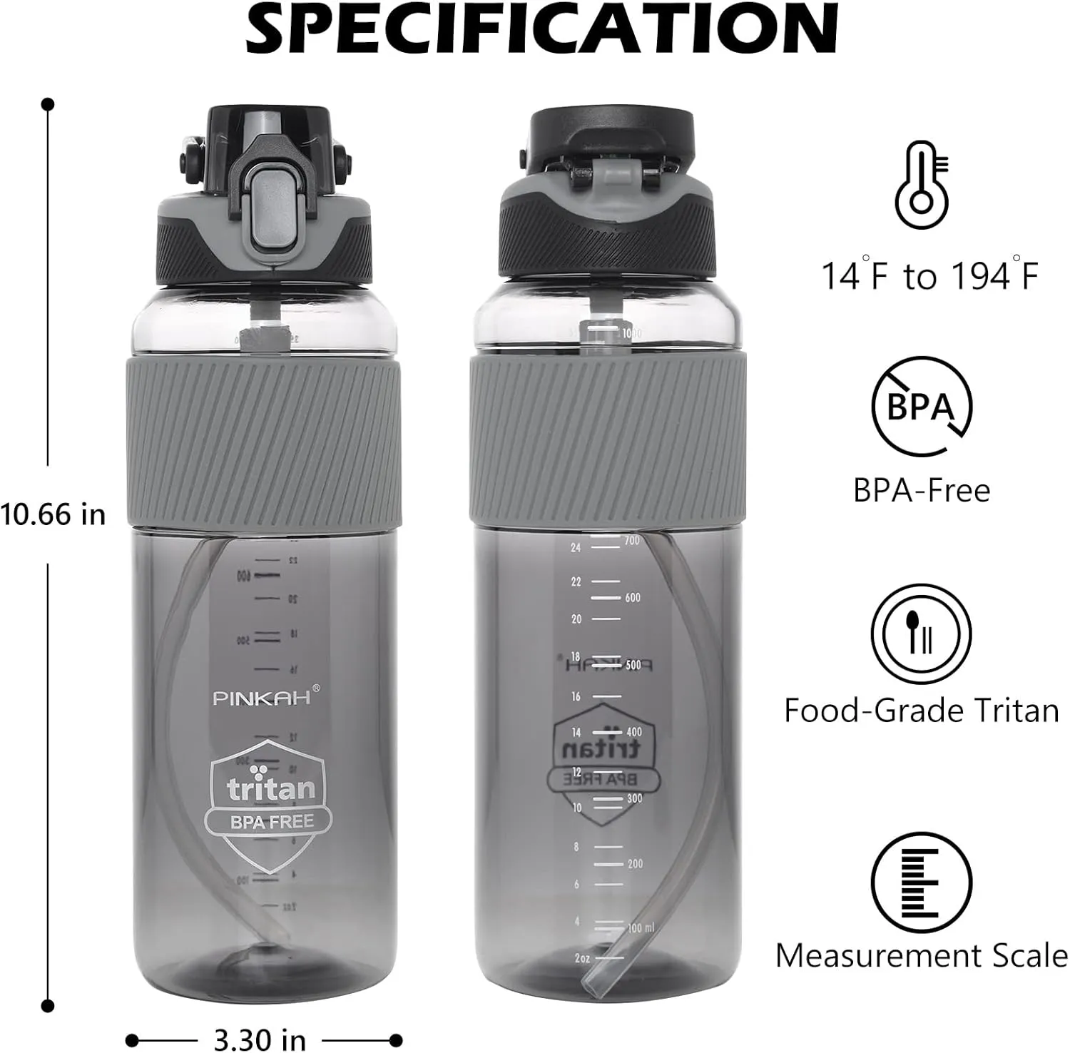 35OZ Water Bottle with Straw & Handle, Leakproof Tritan Plastic Water Bottle for Fitness, Yoga and Outdoor Sports, Grey