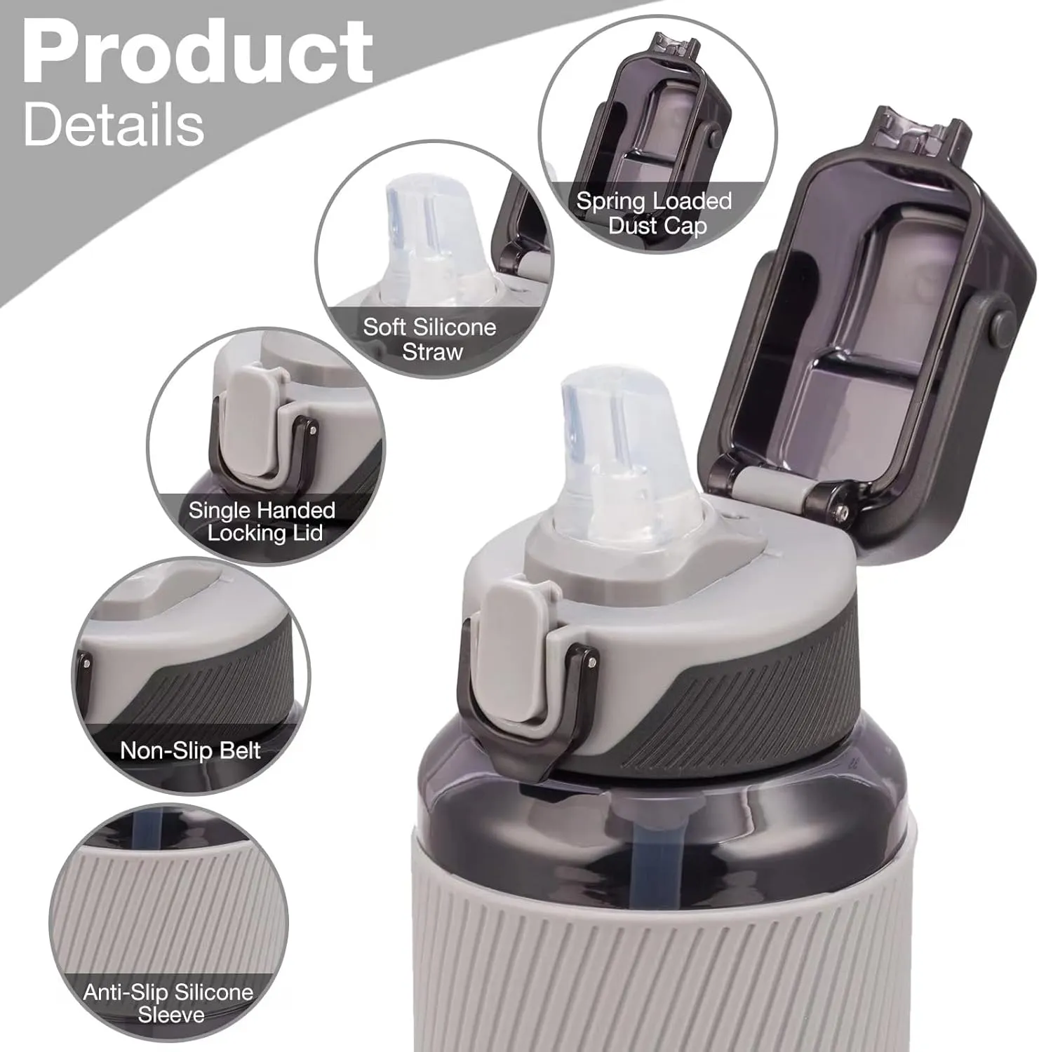 35OZ Water Bottle with Straw & Handle, Leakproof Tritan Plastic Water Bottle for Fitness, Yoga and Outdoor Sports, Grey