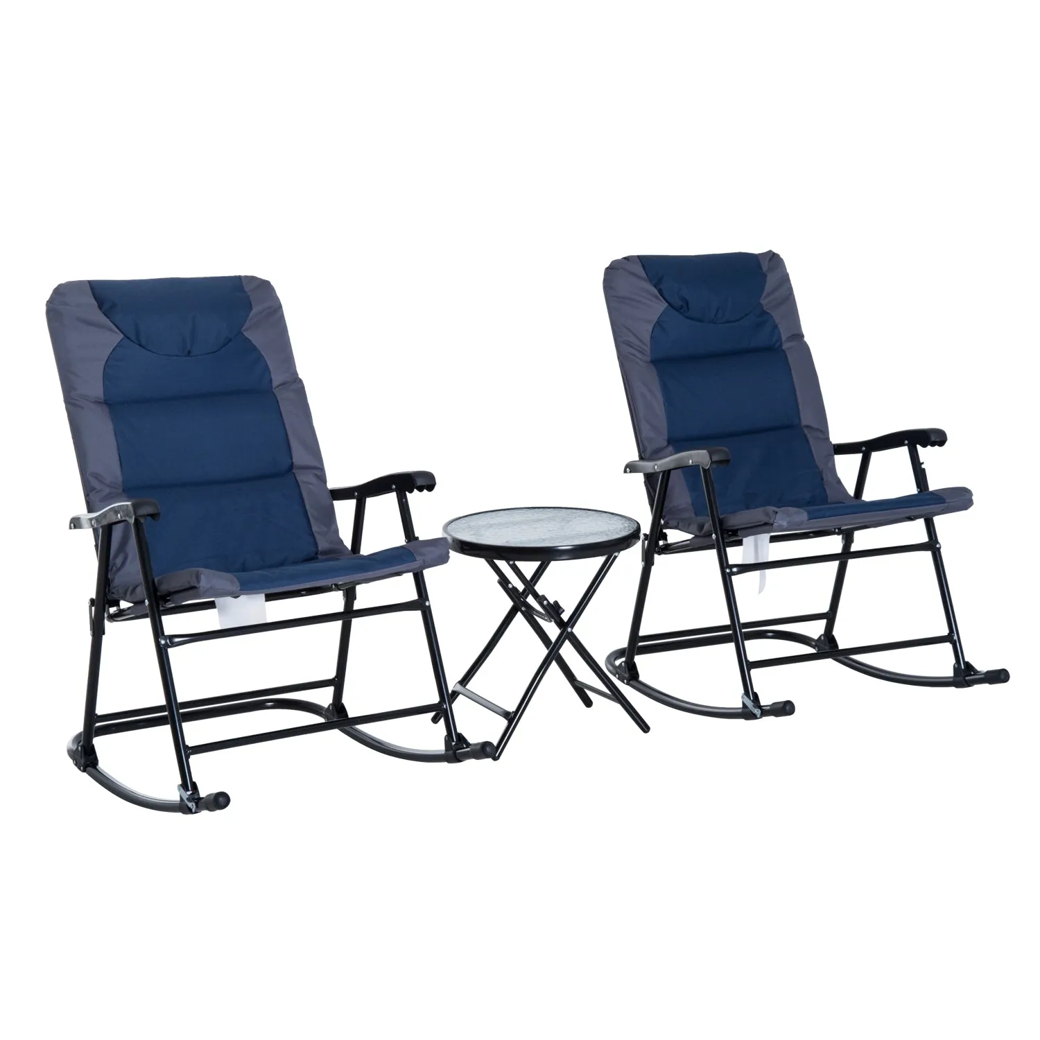 3pc Patio Foldable Rocking Chair Set, Outdoor Rocking Chairs and Table Bistro Set w/ Padded Seat, Headrest, Backrest for park, backyard, garden, Blue