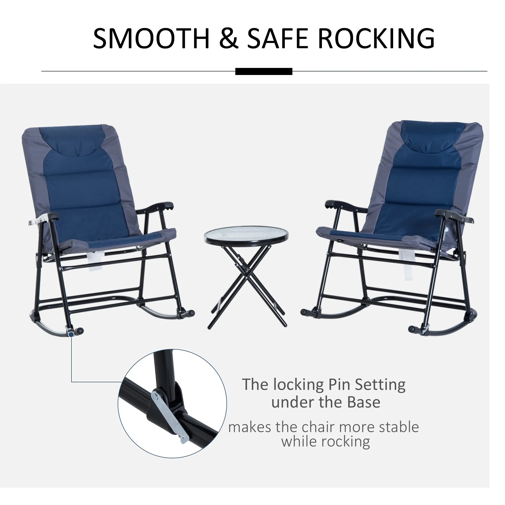 3pc Patio Foldable Rocking Chair Set, Outdoor Rocking Chairs and Table Bistro Set w/ Padded Seat, Headrest, Backrest for park, backyard, garden, Blue