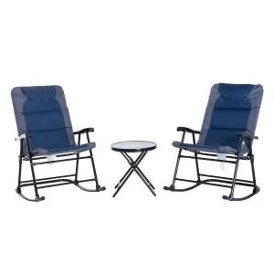 3pc Patio Foldable Rocking Chair Set, Outdoor Rocking Chairs and Table Bistro Set w/ Padded Seat, Headrest, Backrest for park, backyard, garden, Blue