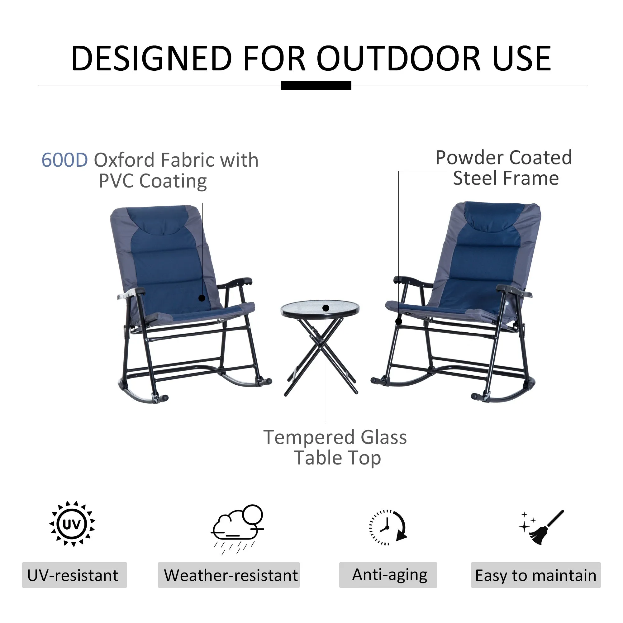 3pc Patio Foldable Rocking Chair Set, Outdoor Rocking Chairs and Table Bistro Set w/ Padded Seat, Headrest, Backrest for park, backyard, garden, Blue