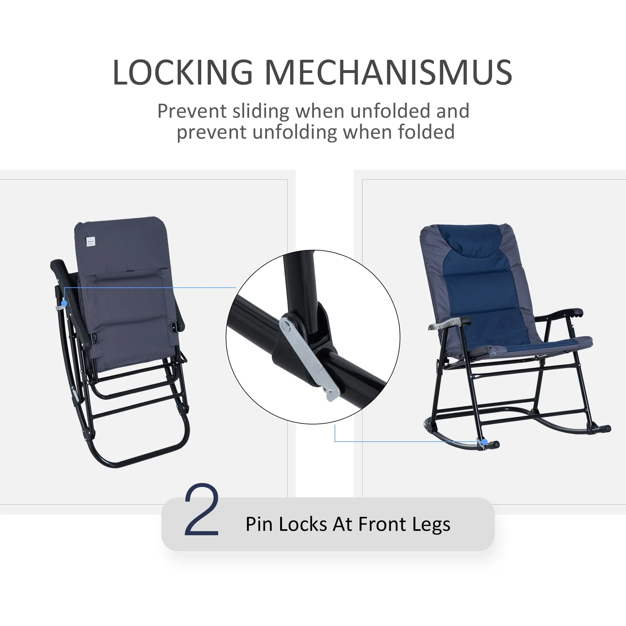 3pc Patio Foldable Rocking Chair Set, Outdoor Rocking Chairs and Table Bistro Set w/ Padded Seat, Headrest, Backrest for park, backyard, garden, Blue