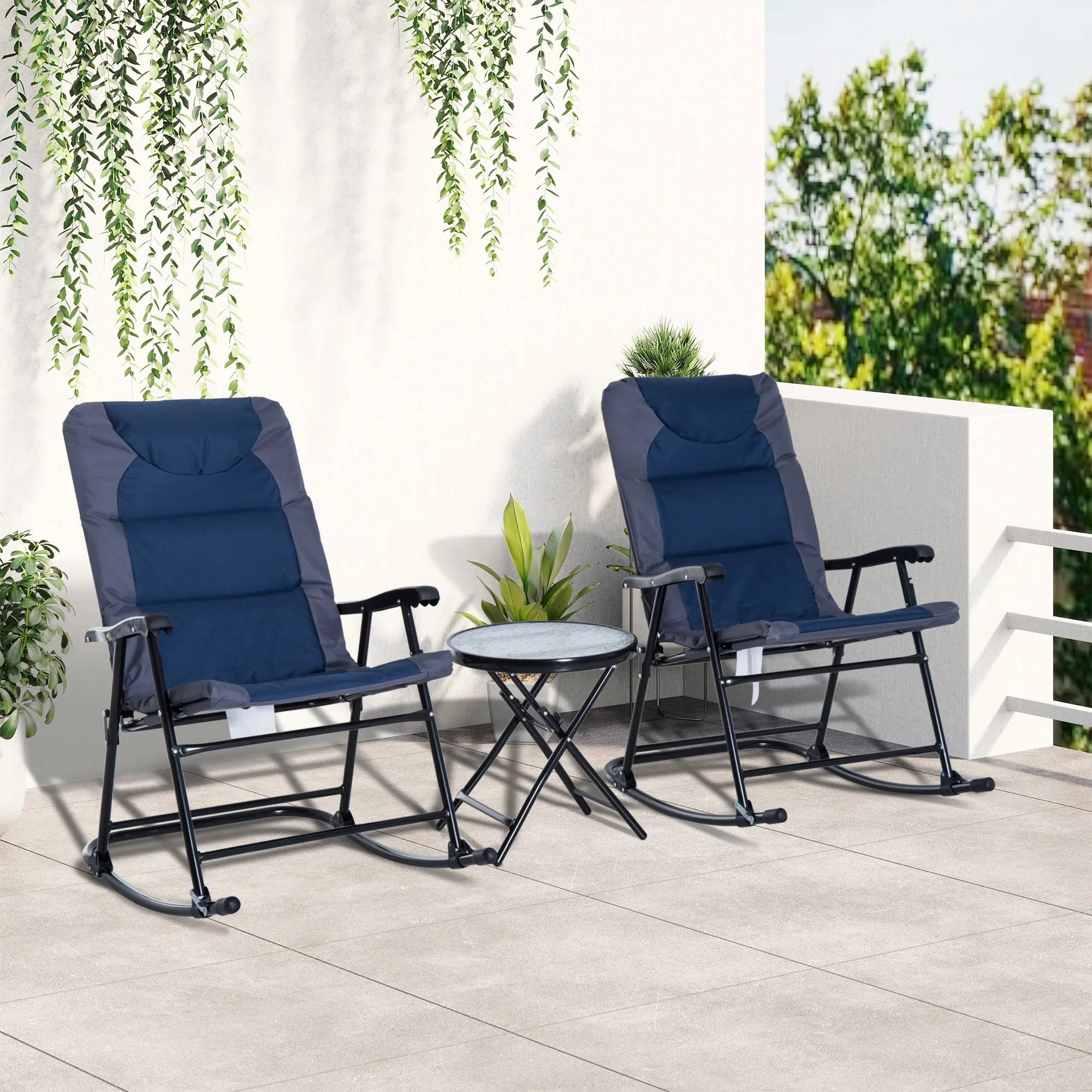 3pc Patio Foldable Rocking Chair Set, Outdoor Rocking Chairs and Table Bistro Set w/ Padded Seat, Headrest, Backrest for park, backyard, garden, Blue