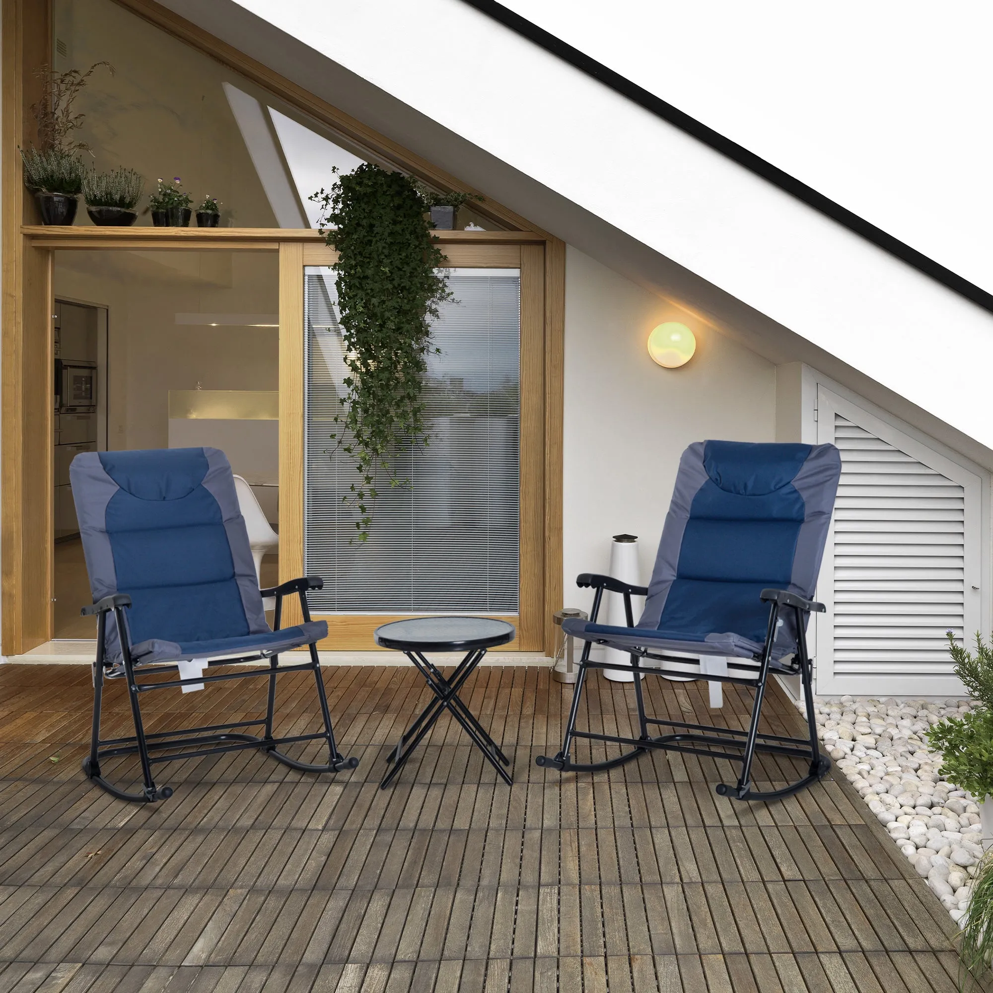 3pc Patio Foldable Rocking Chair Set, Outdoor Rocking Chairs and Table Bistro Set w/ Padded Seat, Headrest, Backrest for park, backyard, garden, Blue