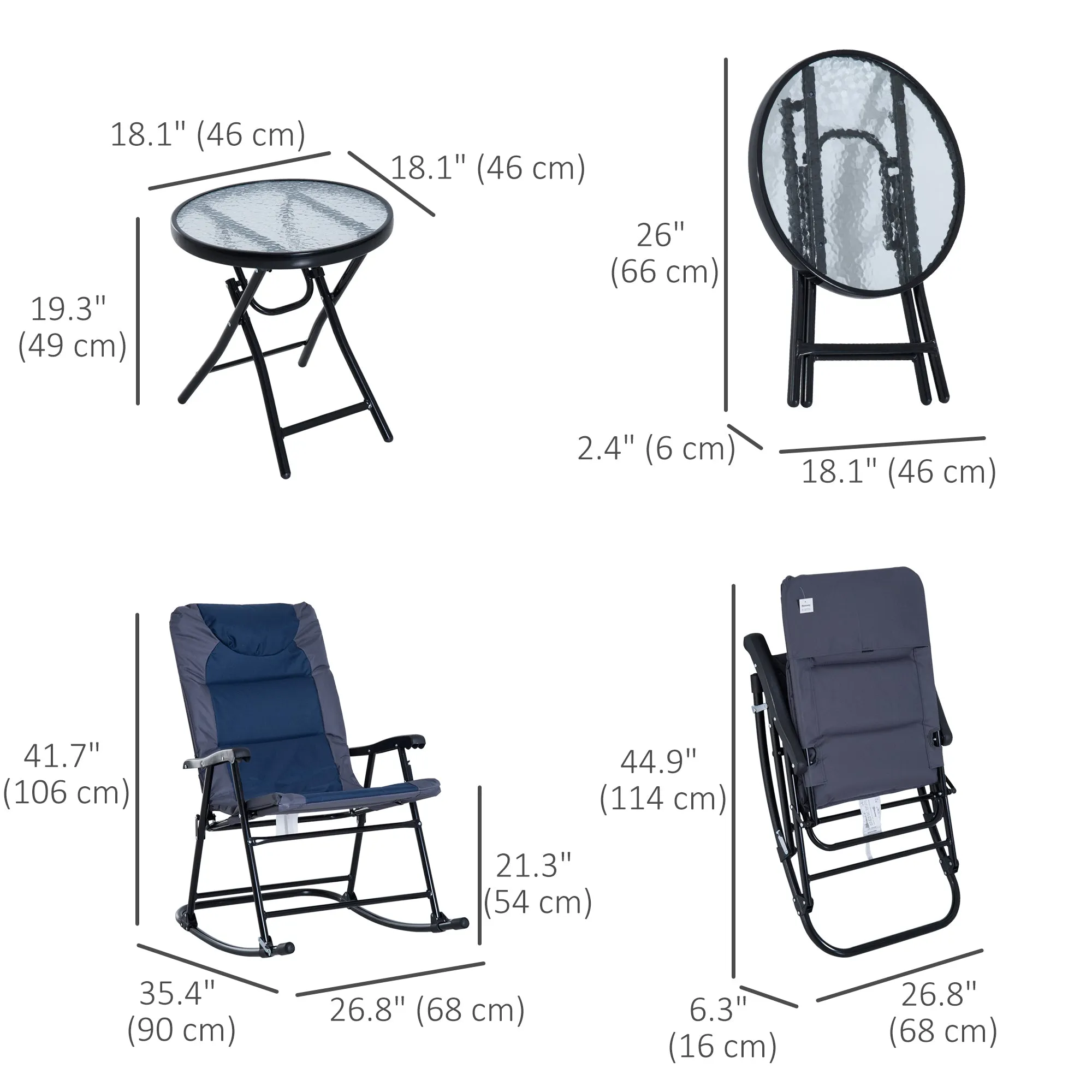 3pc Patio Foldable Rocking Chair Set, Outdoor Rocking Chairs and Table Bistro Set w/ Padded Seat, Headrest, Backrest for park, backyard, garden, Blue