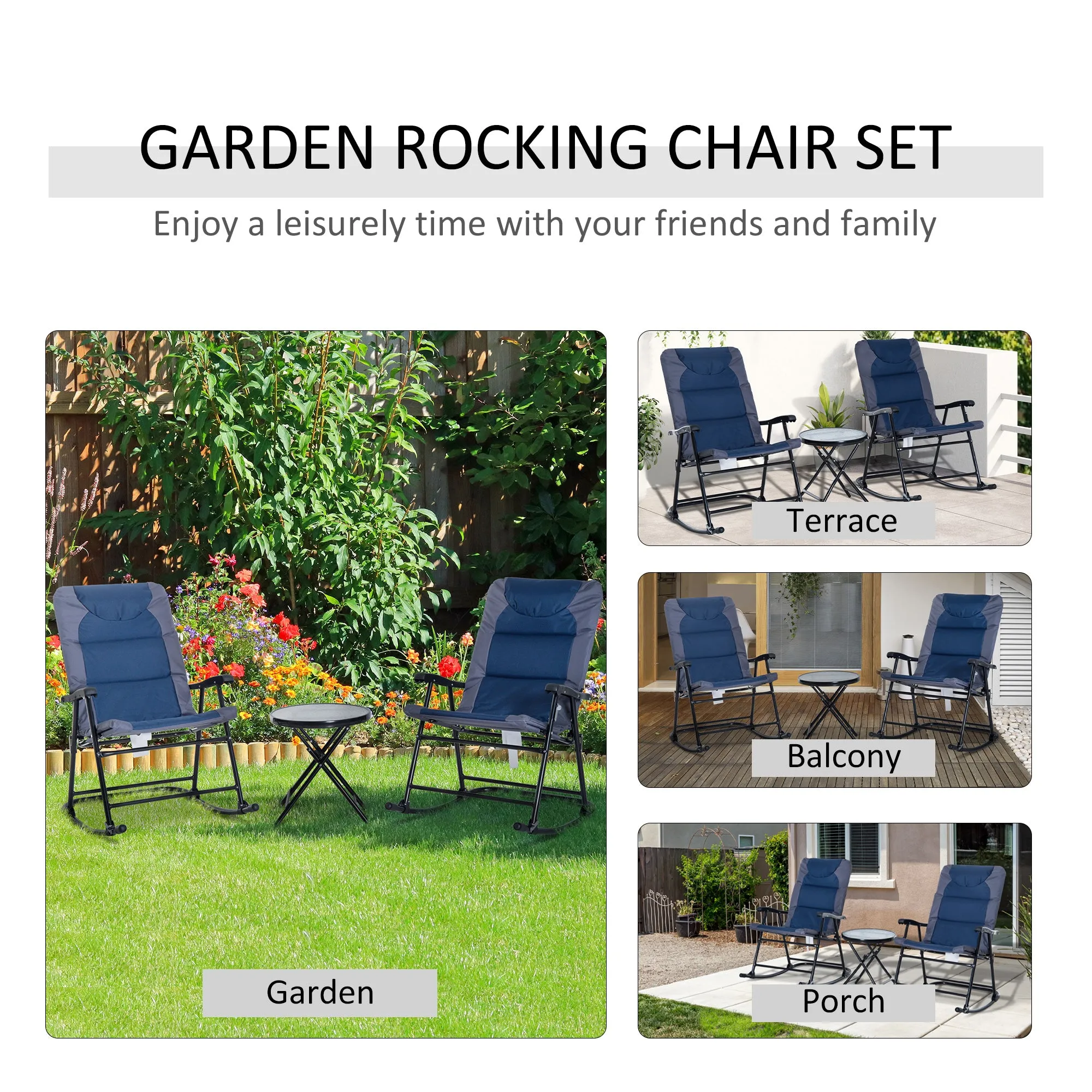 3pc Patio Foldable Rocking Chair Set, Outdoor Rocking Chairs and Table Bistro Set w/ Padded Seat, Headrest, Backrest for park, backyard, garden, Blue