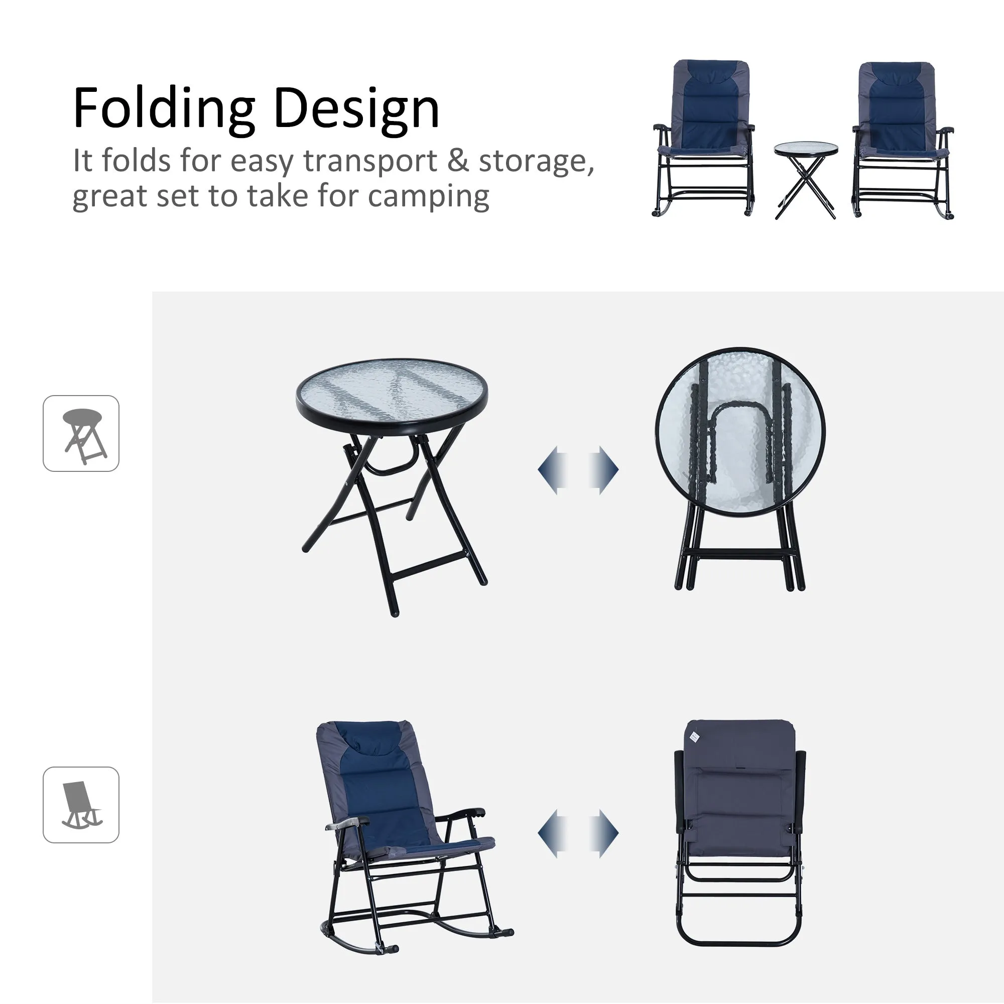 3pc Patio Foldable Rocking Chair Set, Outdoor Rocking Chairs and Table Bistro Set w/ Padded Seat, Headrest, Backrest for park, backyard, garden, Blue