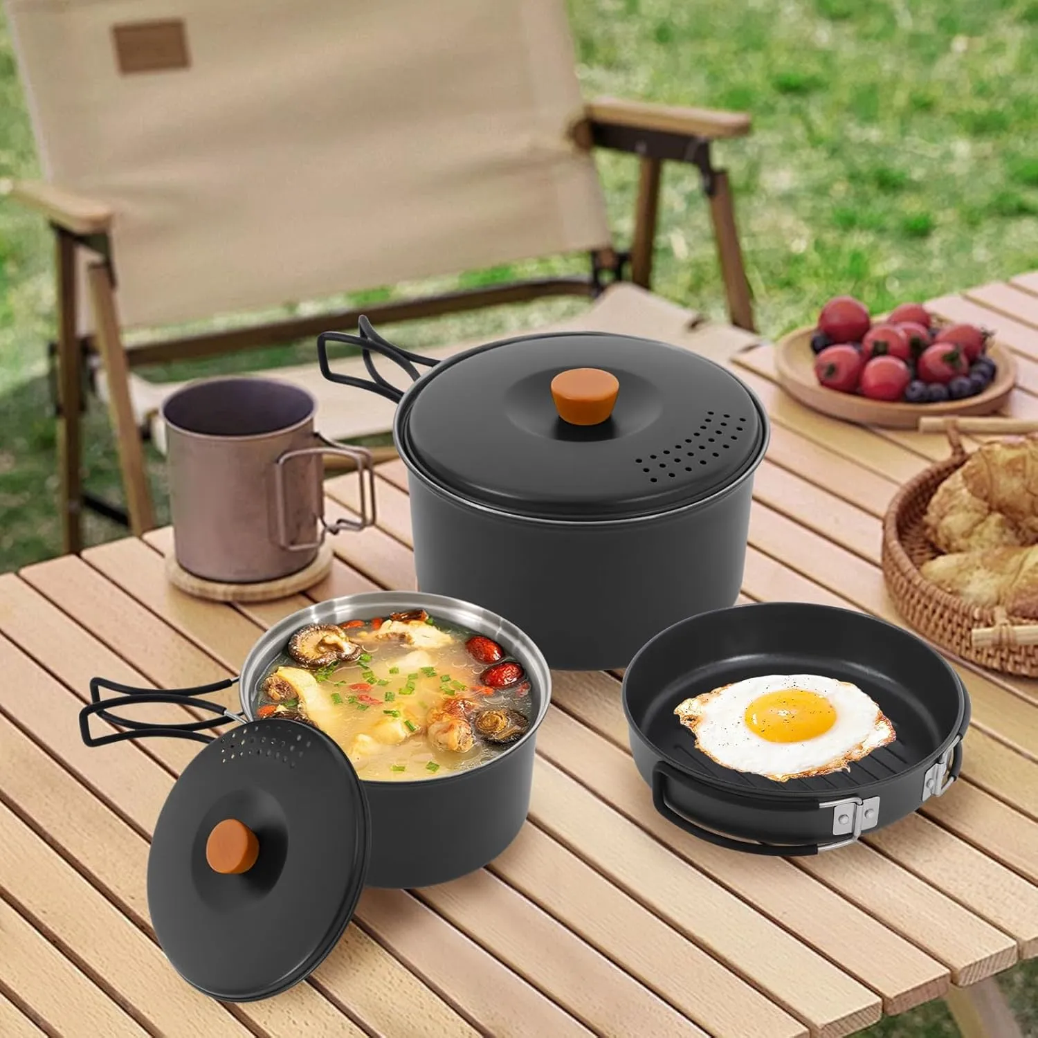 3pcs Camping Cookware Kit W/Storage Bag, Camping Cookware Set, 304 Stainless Steel Camping Pots & Pans Set, Black Campfire Cooking Equipment, Portable Non-Stick Camping Cooking Set for Beach Trips
