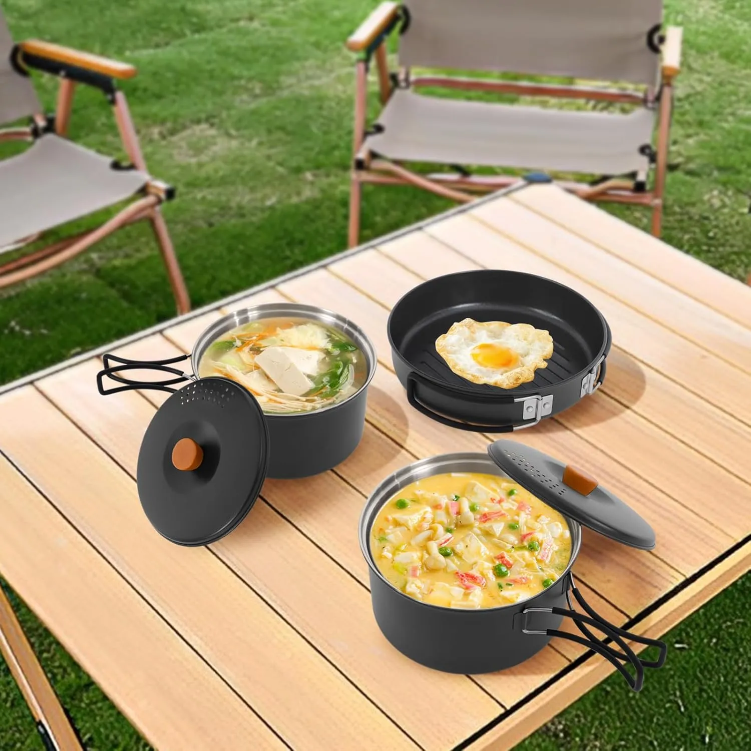 3pcs Camping Cookware Kit W/Storage Bag, Camping Cookware Set, 304 Stainless Steel Camping Pots & Pans Set, Black Campfire Cooking Equipment, Portable Non-Stick Camping Cooking Set for Beach Trips