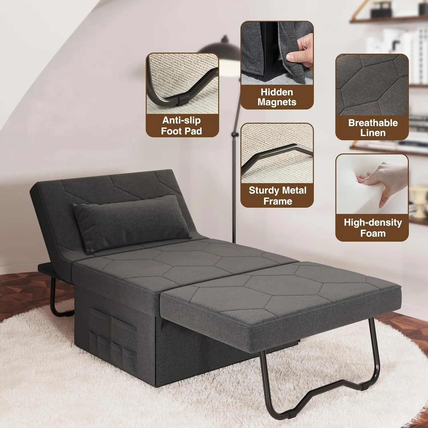 4 in 1 Sleeper Chair, Convertible Sleeper Sofa with Ottoman, Ottoman Bed for Adults, Sofa Bed with Adjustable Backrest for Living Room Apartment Office, Dark Grey