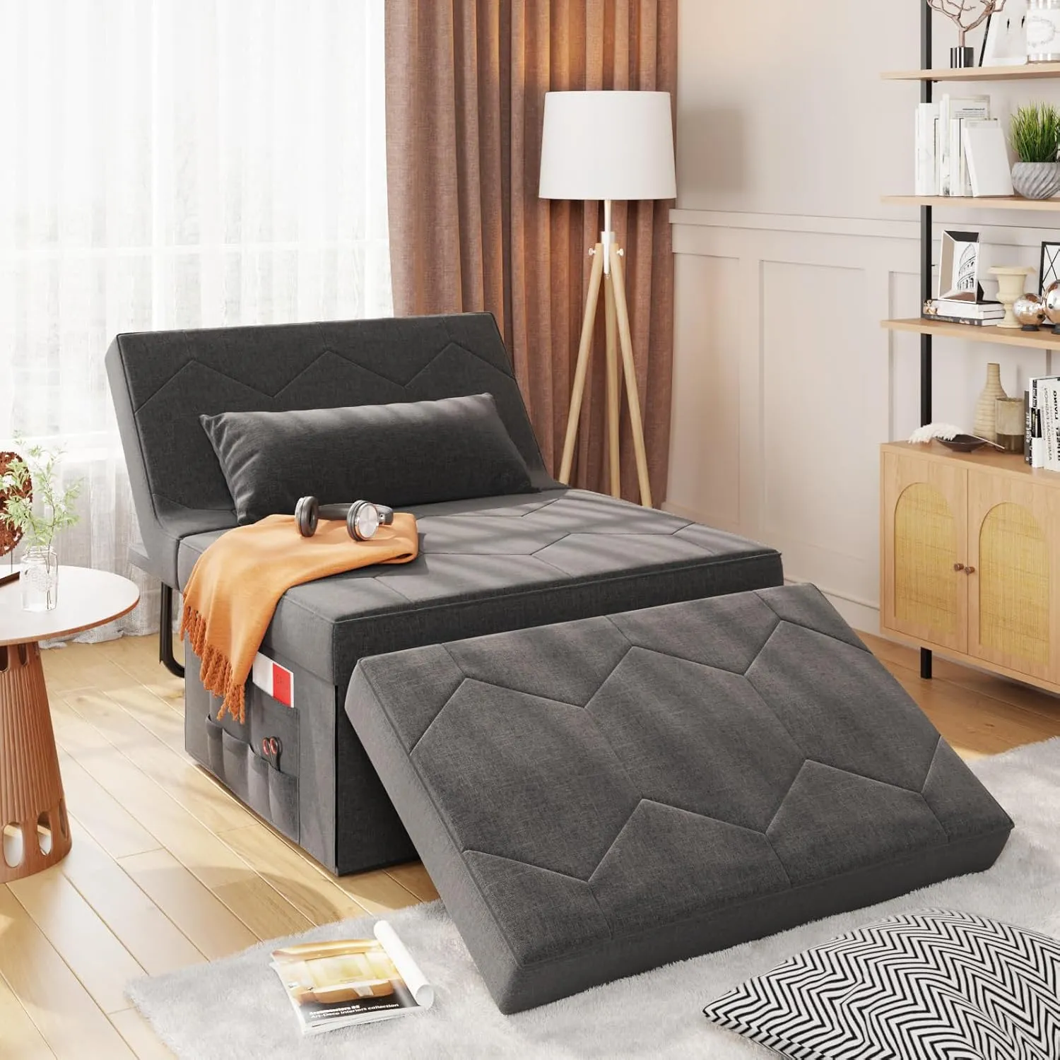4 in 1 Sleeper Chair, Convertible Sleeper Sofa with Ottoman, Ottoman Bed for Adults, Sofa Bed with Adjustable Backrest for Living Room Apartment Office, Dark Grey