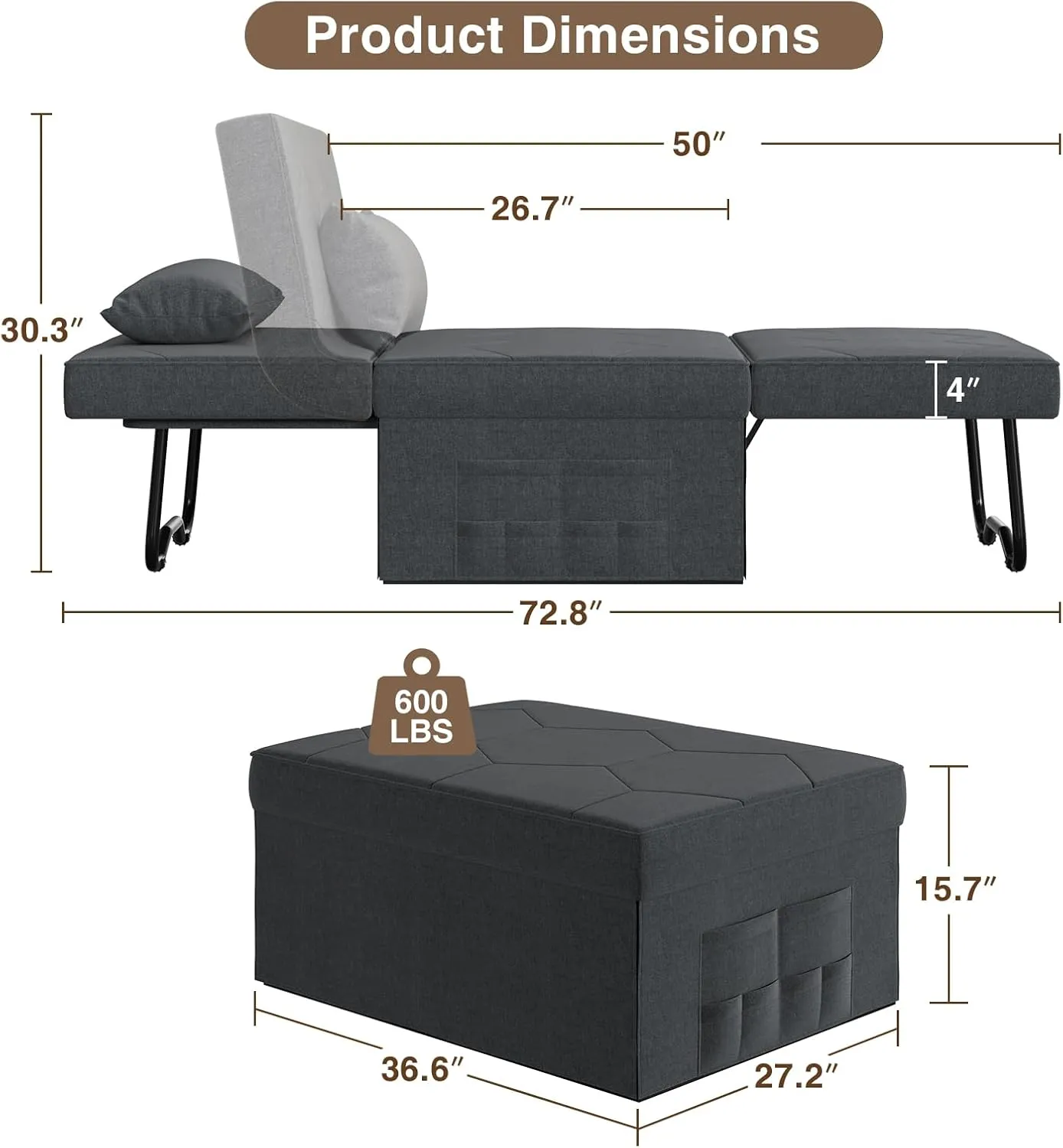 4 in 1 Sleeper Chair, Convertible Sleeper Sofa with Ottoman, Ottoman Bed for Adults, Sofa Bed with Adjustable Backrest for Living Room Apartment Office, Dark Grey