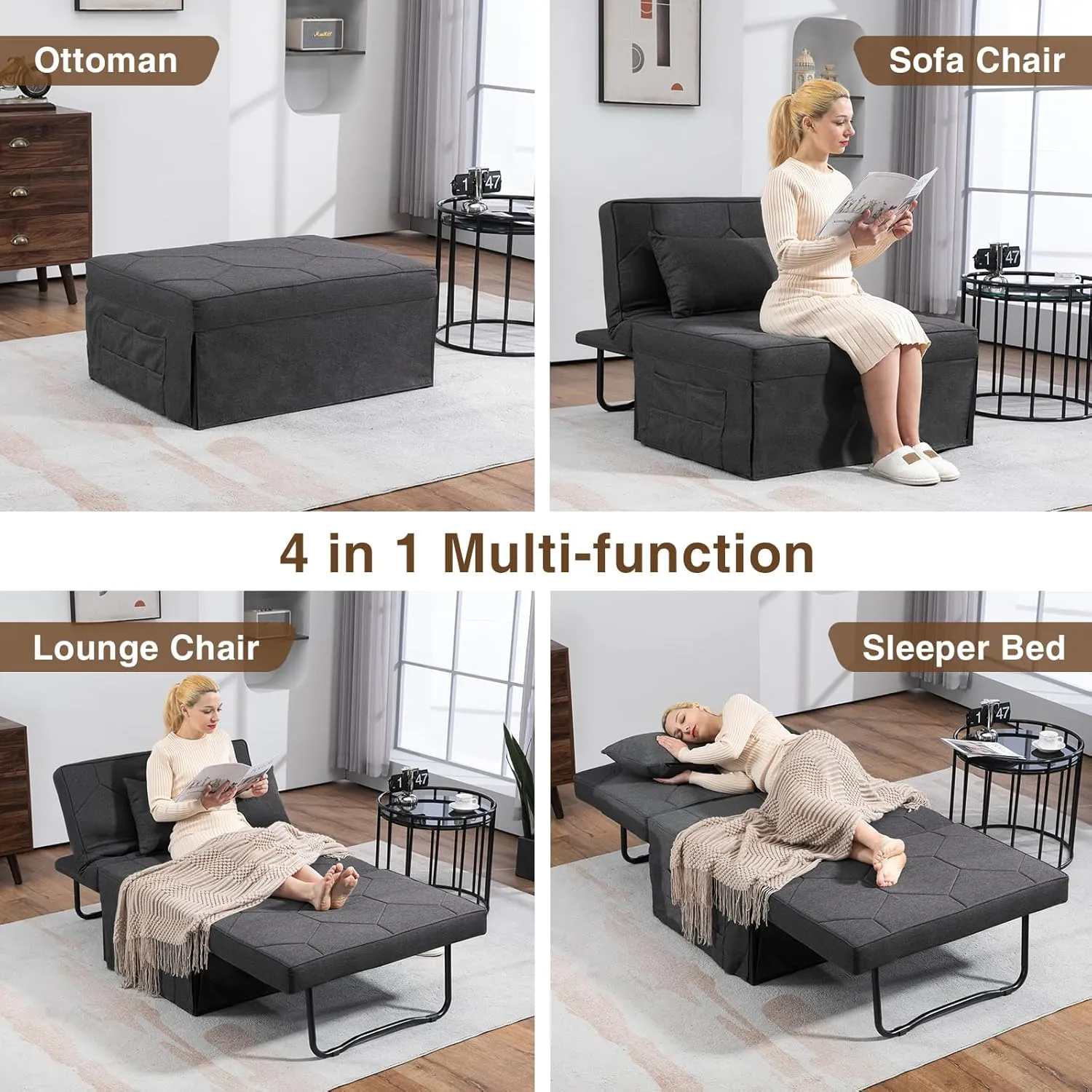 4 in 1 Sleeper Chair, Convertible Sleeper Sofa with Ottoman, Ottoman Bed for Adults, Sofa Bed with Adjustable Backrest for Living Room Apartment Office, Dark Grey