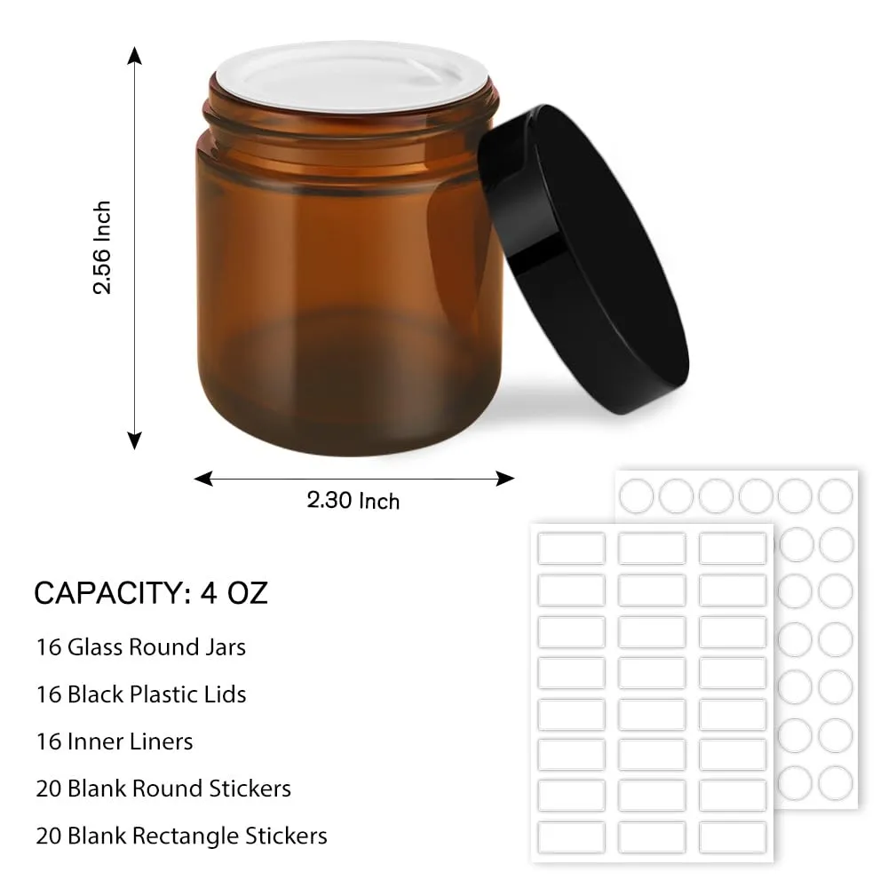 4 oz Glass Jars with Lids, 16 Pack Amber Jars with Lids & Inner Liners, Wide Mouth | Glass Black Mason Jars for Cream, Lotion, Honey, Jam, Jelly | Kitchen & Home