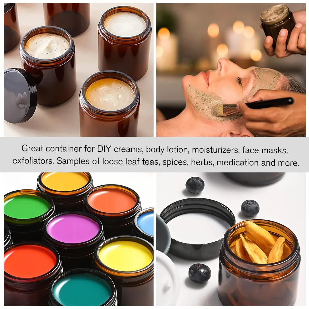 4 oz Glass Jars with Lids, 16 Pack Amber Jars with Lids & Inner Liners, Wide Mouth | Glass Black Mason Jars for Cream, Lotion, Honey, Jam, Jelly | Kitchen & Home