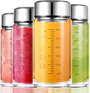 4 Pack 12 oz Glass Juice Bottles, Wide Mouth Glass Water Bottles with Lids - for Juicing, Smoothies, Milk, Protein, BPA Free, Reusable, Stainless Steel Lids, Leak Proof, Shaker bottle