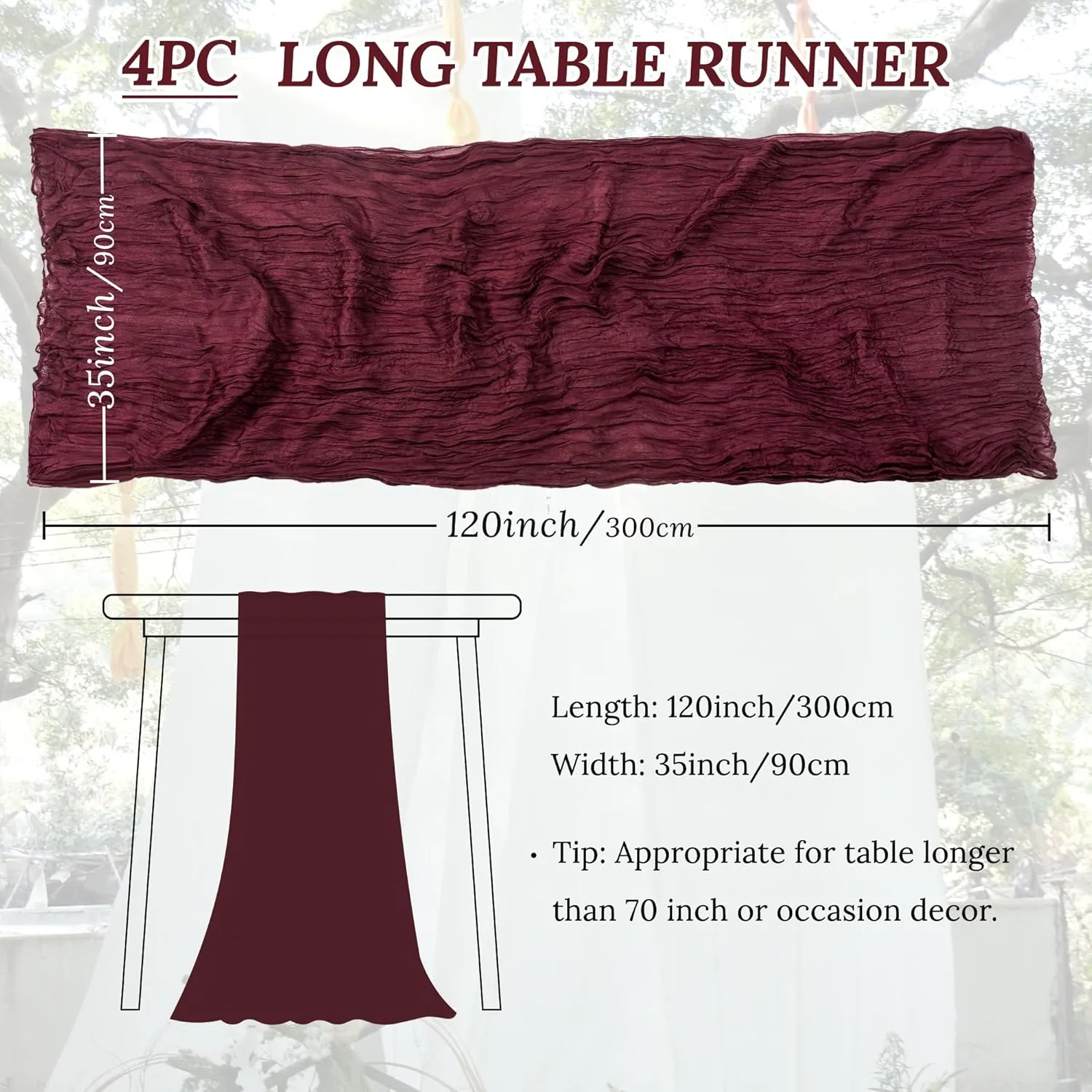 4 Pack Burgundy 10ft Cheesecloth Table Runner, Boho 35x120 Inch Long, Gauze Table Runner Decor for Baby Shower Bridal Shower or Wedding Party