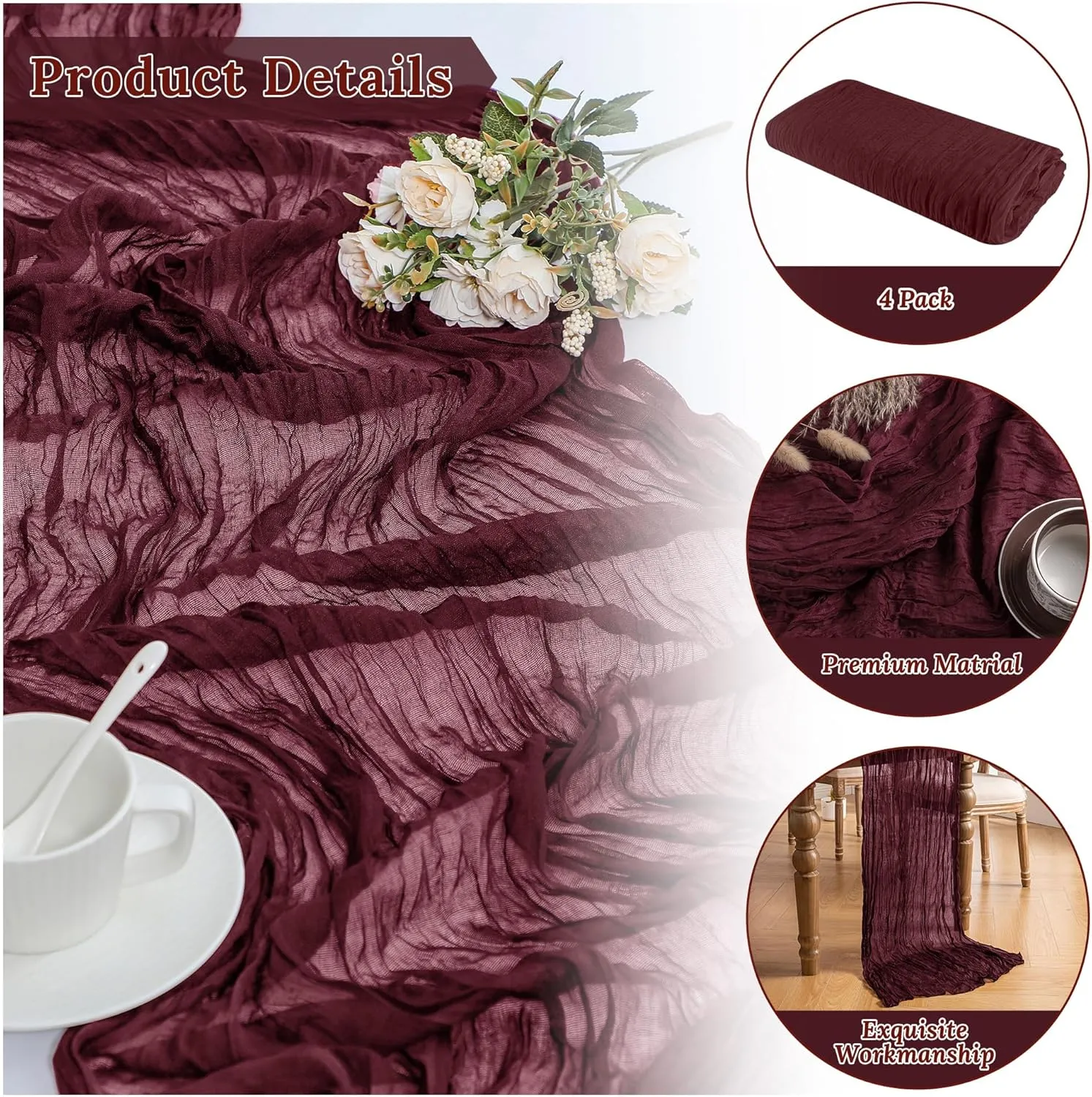 4 Pack Burgundy 10ft Cheesecloth Table Runner, Boho 35x120 Inch Long, Gauze Table Runner Decor for Baby Shower Bridal Shower or Wedding Party