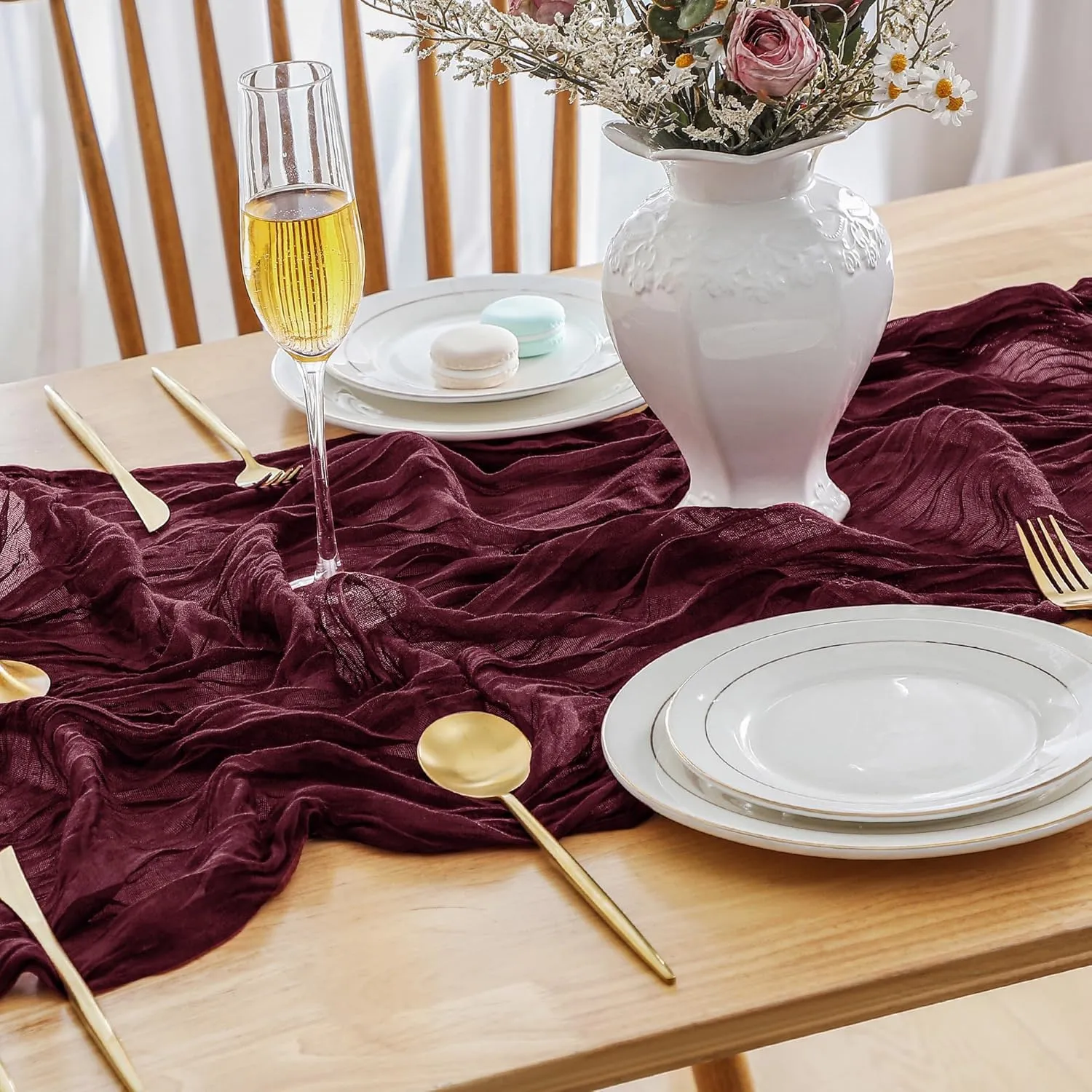 4 Pack Burgundy 10ft Cheesecloth Table Runner, Boho 35x120 Inch Long, Gauze Table Runner Decor for Baby Shower Bridal Shower or Wedding Party