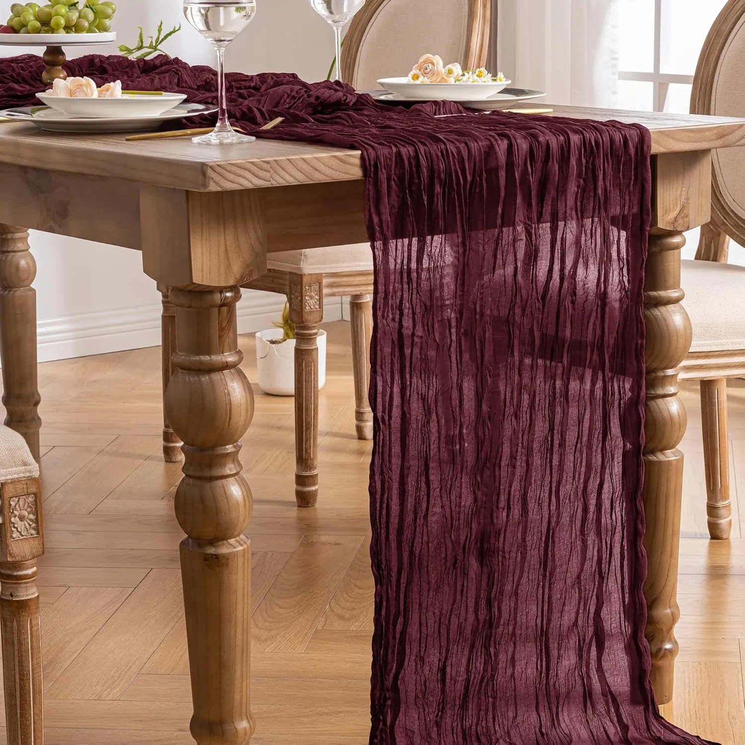 4 Pack Burgundy 10ft Cheesecloth Table Runner, Boho 35x120 Inch Long, Gauze Table Runner Decor for Baby Shower Bridal Shower or Wedding Party