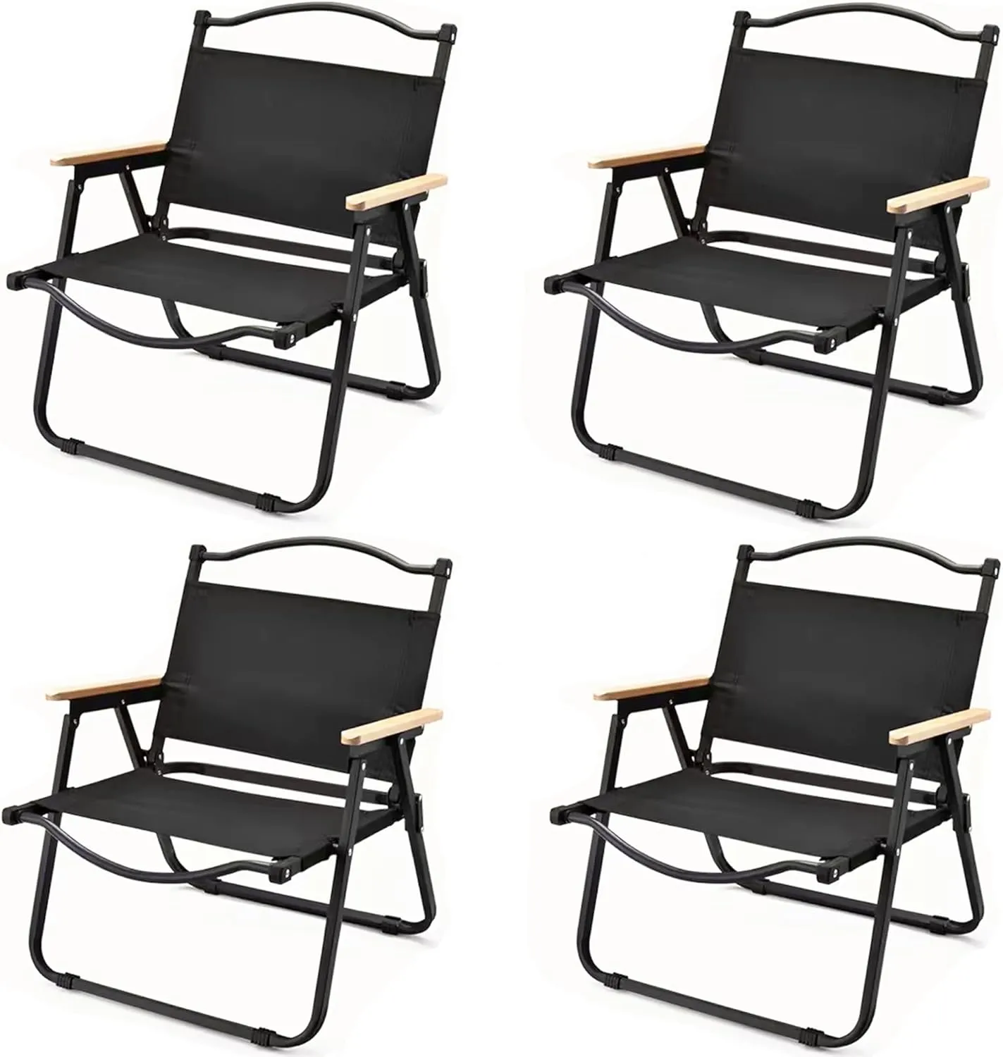 4 Pack Folding Camping Chair, Portable Outdoor Camp Chairs Steel Frame Beach Chair with Wooden Handle for Picnic Camping Hiking and Fishing Black