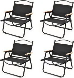 4 Pack Folding Camping Chair, Portable Outdoor Camp Chairs Steel Frame Beach Chair with Wooden Handle for Picnic Camping Hiking and Fishing Black
