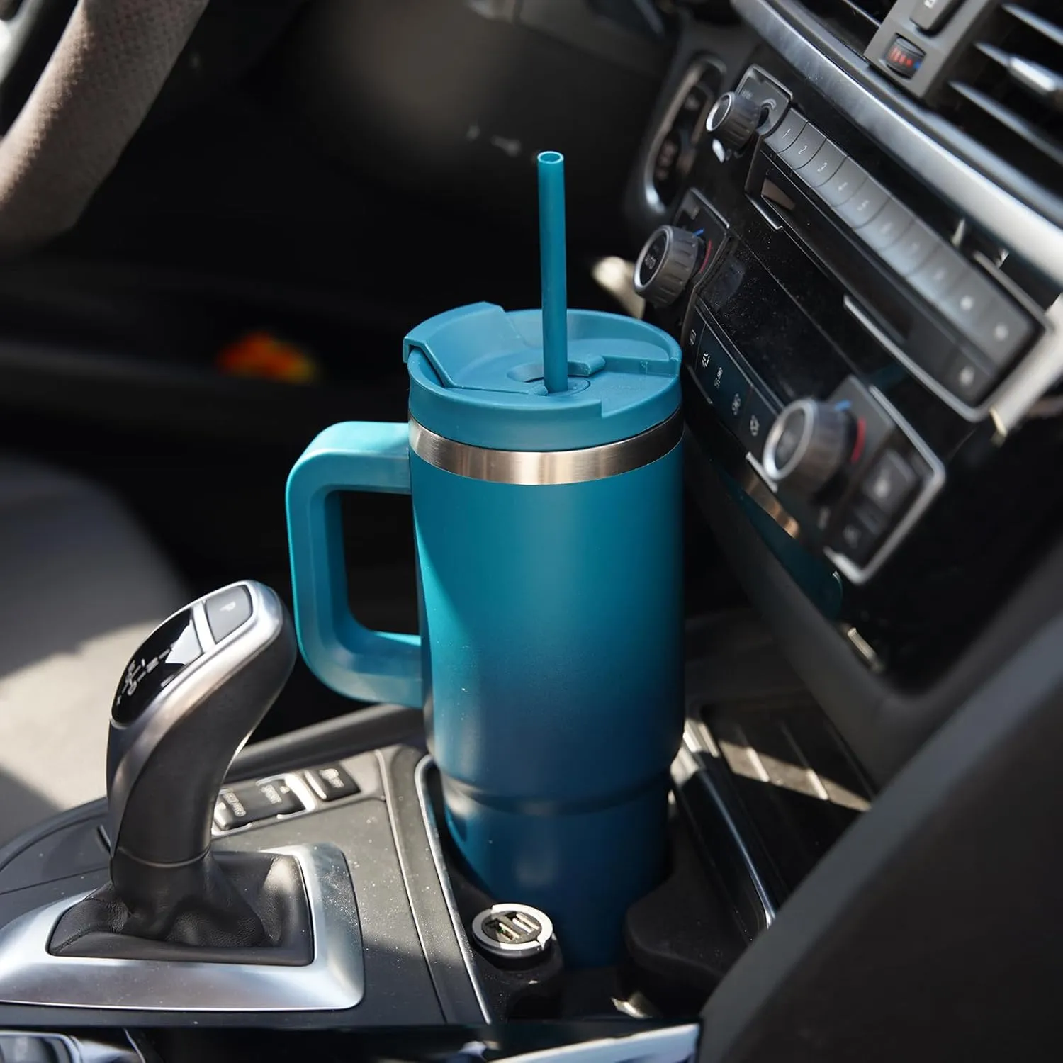 40 oz Tumbler with Handle and 2 Straws,2 in 1 Lid Insulated Water Bottle Stainless Steel Travel Coffee Mug,Blue Haze