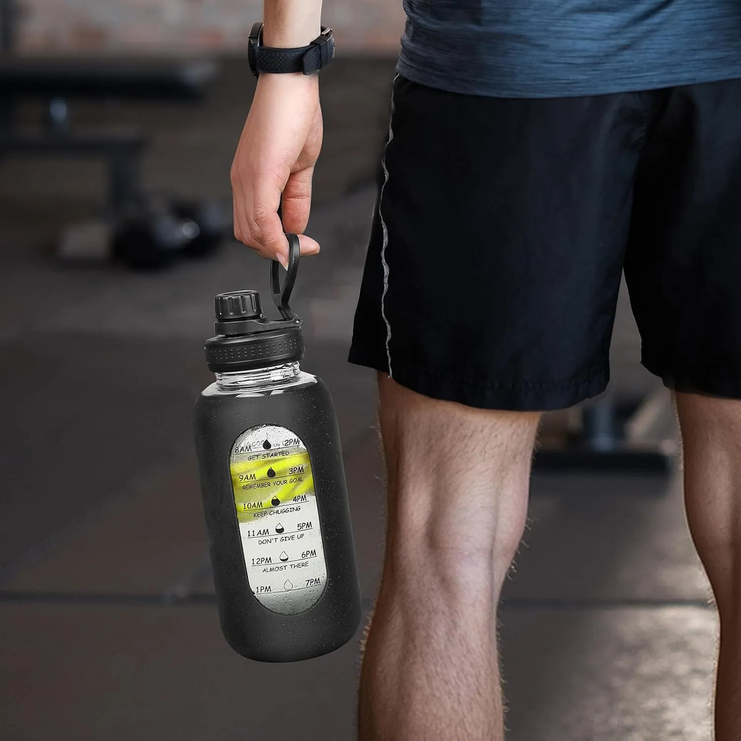 40oz Glass Water Bottle with Handle Lid Time Marker Motivational Sport Water Jug with Silicone Sleeve Water Flask Canteen Wide Mouth Water Bottle for Gym Workout Travel Office Home Everyday Hydration
