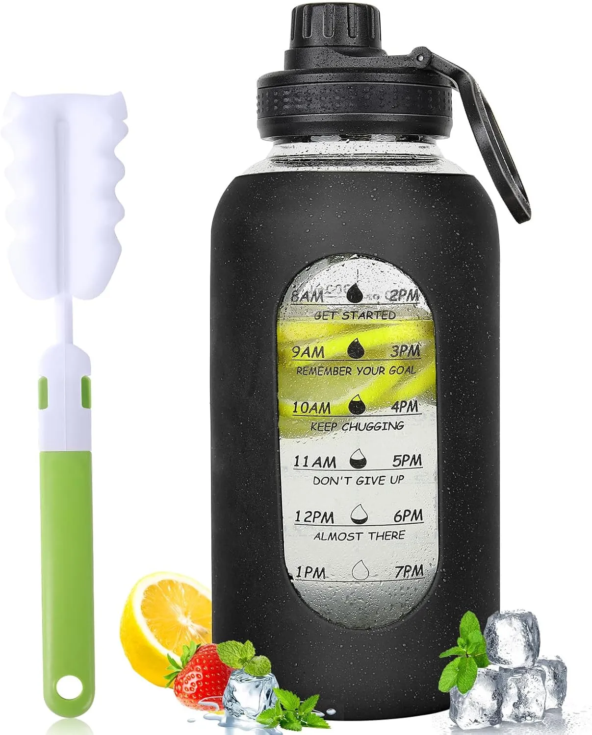 40oz Glass Water Bottle with Handle Lid Time Marker Motivational Sport Water Jug with Silicone Sleeve Water Flask Canteen Wide Mouth Water Bottle for Gym Workout Travel Office Home Everyday Hydration