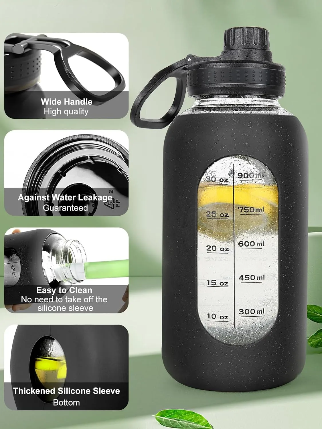 40oz Glass Water Bottle with Handle Lid Time Marker Motivational Sport Water Jug with Silicone Sleeve Water Flask Canteen Wide Mouth Water Bottle for Gym Workout Travel Office Home Everyday Hydration