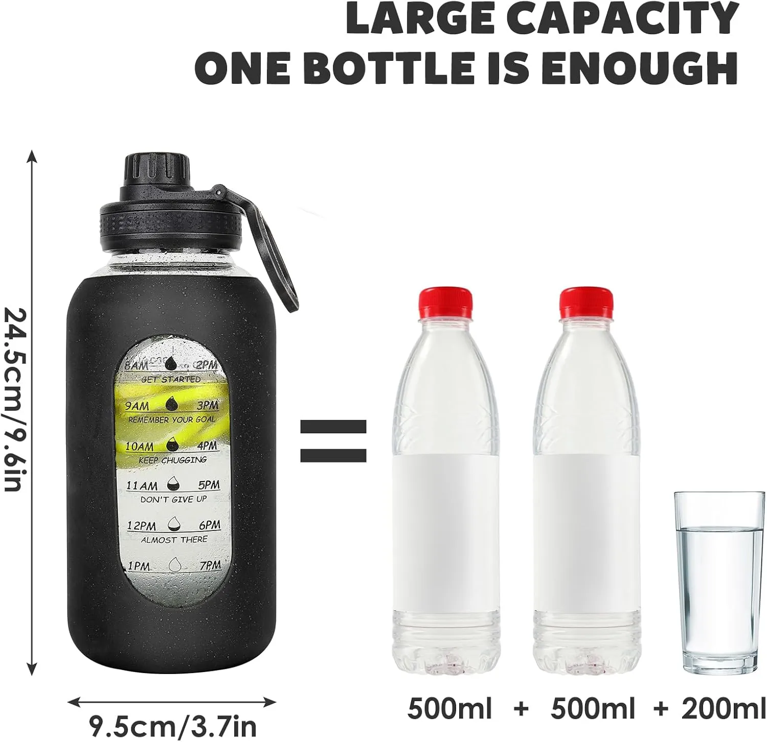 40oz Glass Water Bottle with Handle Lid Time Marker Motivational Sport Water Jug with Silicone Sleeve Water Flask Canteen Wide Mouth Water Bottle for Gym Workout Travel Office Home Everyday Hydration