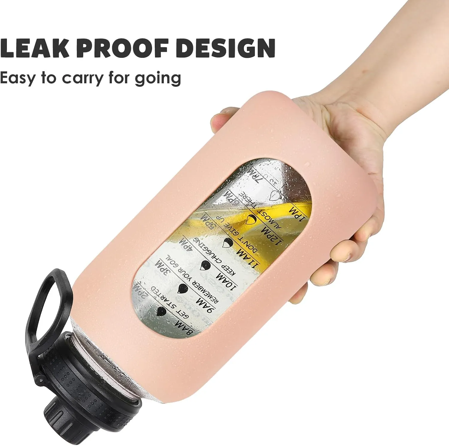 40oz Glass Water Bottle with Handle Lid Time Marker Motivational Sport Water Jug with Silicone Sleeve Water Flask Canteen Wide Mouth Water Bottle for Gym Workout Travel Office Home Everyday Hydration
