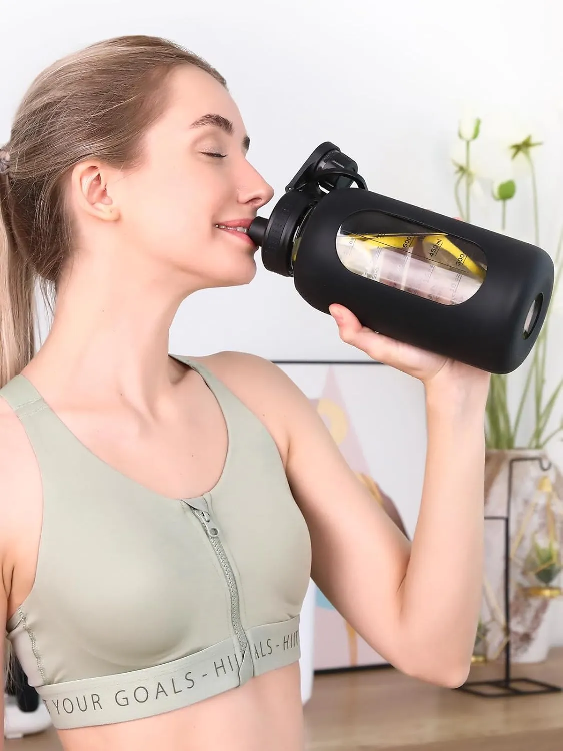 40oz Glass Water Bottle with Handle Lid Time Marker Motivational Sport Water Jug with Silicone Sleeve Water Flask Canteen Wide Mouth Water Bottle for Gym Workout Travel Office Home Everyday Hydration