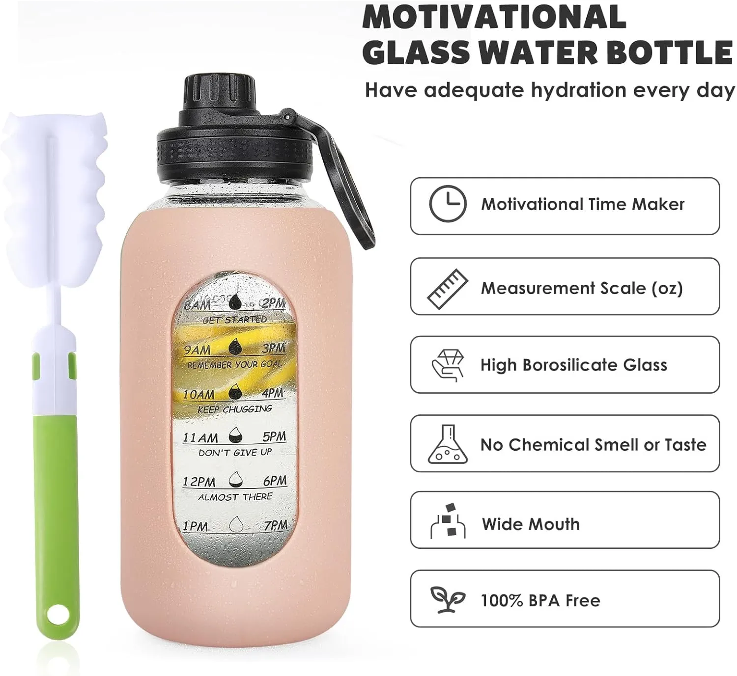 40oz Glass Water Bottle with Handle Lid Time Marker Motivational Sport Water Jug with Silicone Sleeve Water Flask Canteen Wide Mouth Water Bottle for Gym Workout Travel Office Home Everyday Hydration