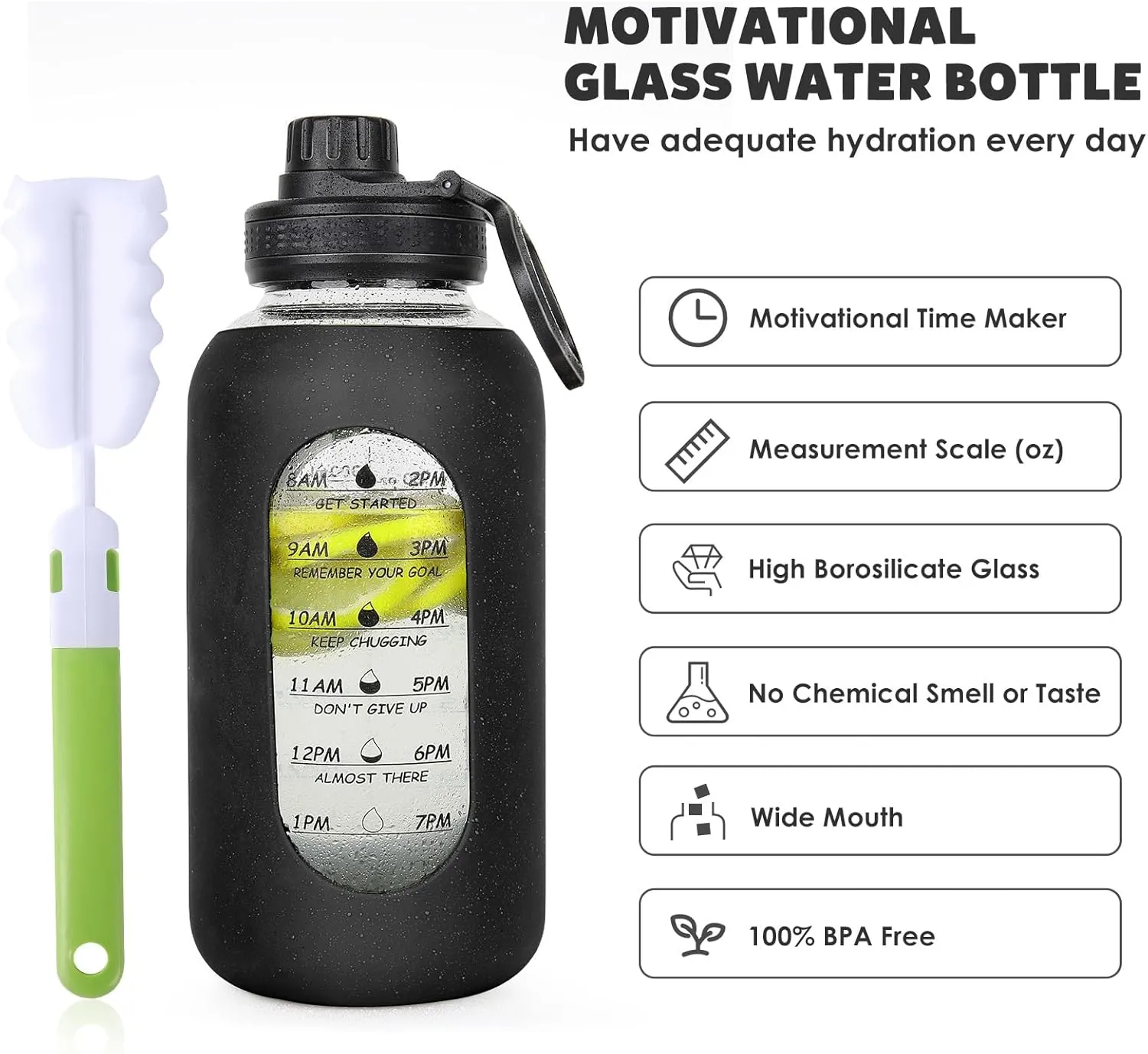 40oz Glass Water Bottle with Handle Lid Time Marker Motivational Sport Water Jug with Silicone Sleeve Water Flask Canteen Wide Mouth Water Bottle for Gym Workout Travel Office Home Everyday Hydration