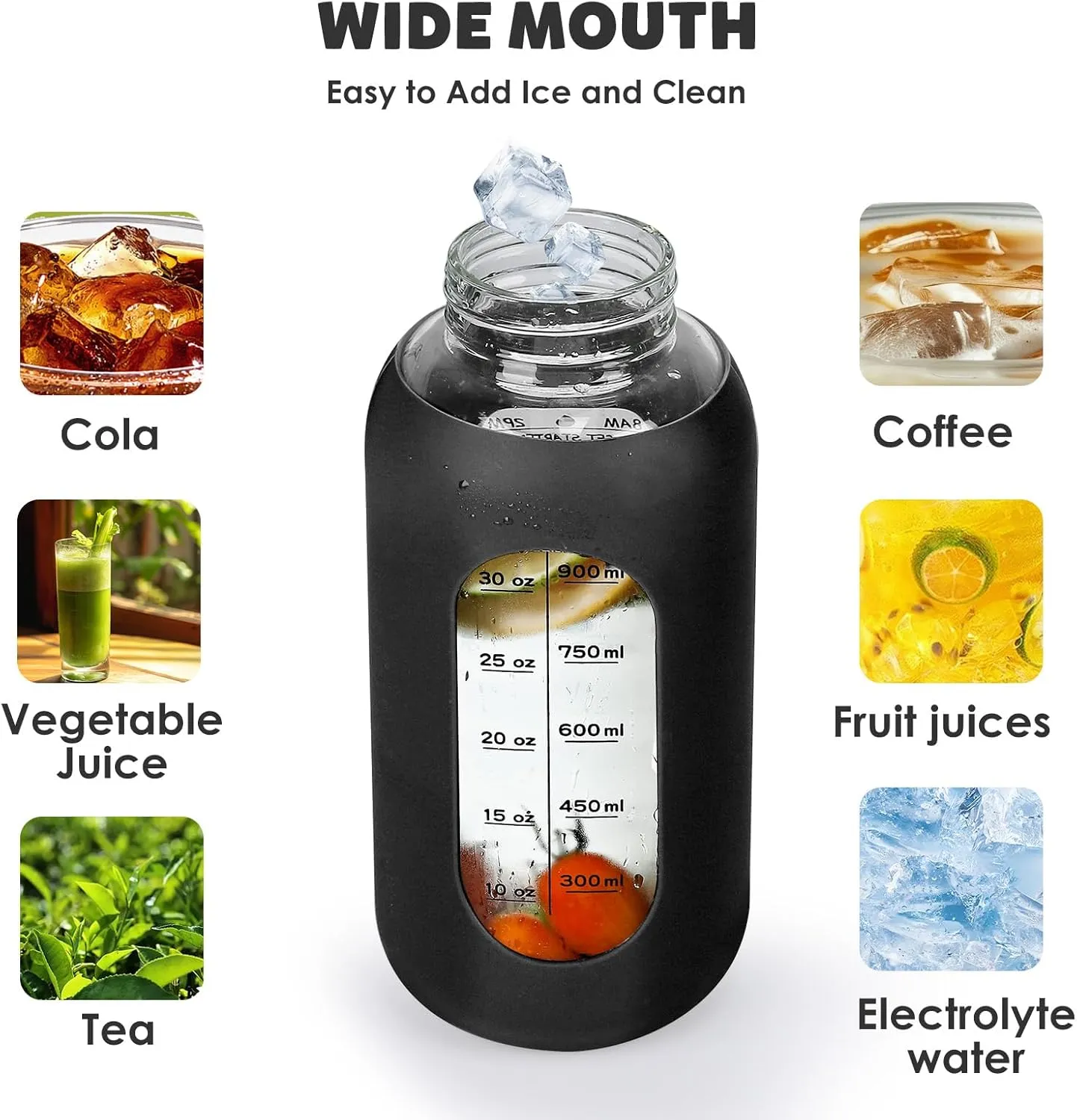40oz Glass Water Bottle with Handle Lid Time Marker Motivational Sport Water Jug with Silicone Sleeve Water Flask Canteen Wide Mouth Water Bottle for Gym Workout Travel Office Home Everyday Hydration