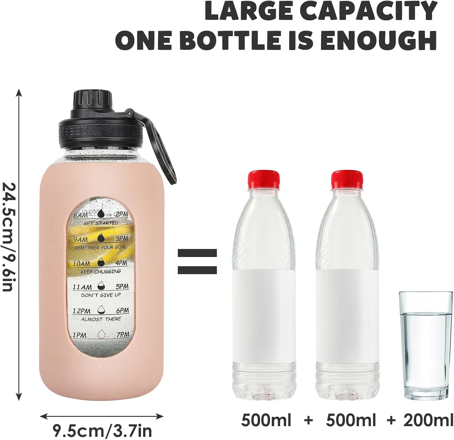 40oz Glass Water Bottle with Handle Lid Time Marker Motivational Sport Water Jug with Silicone Sleeve Water Flask Canteen Wide Mouth Water Bottle for Gym Workout Travel Office Home Everyday Hydration