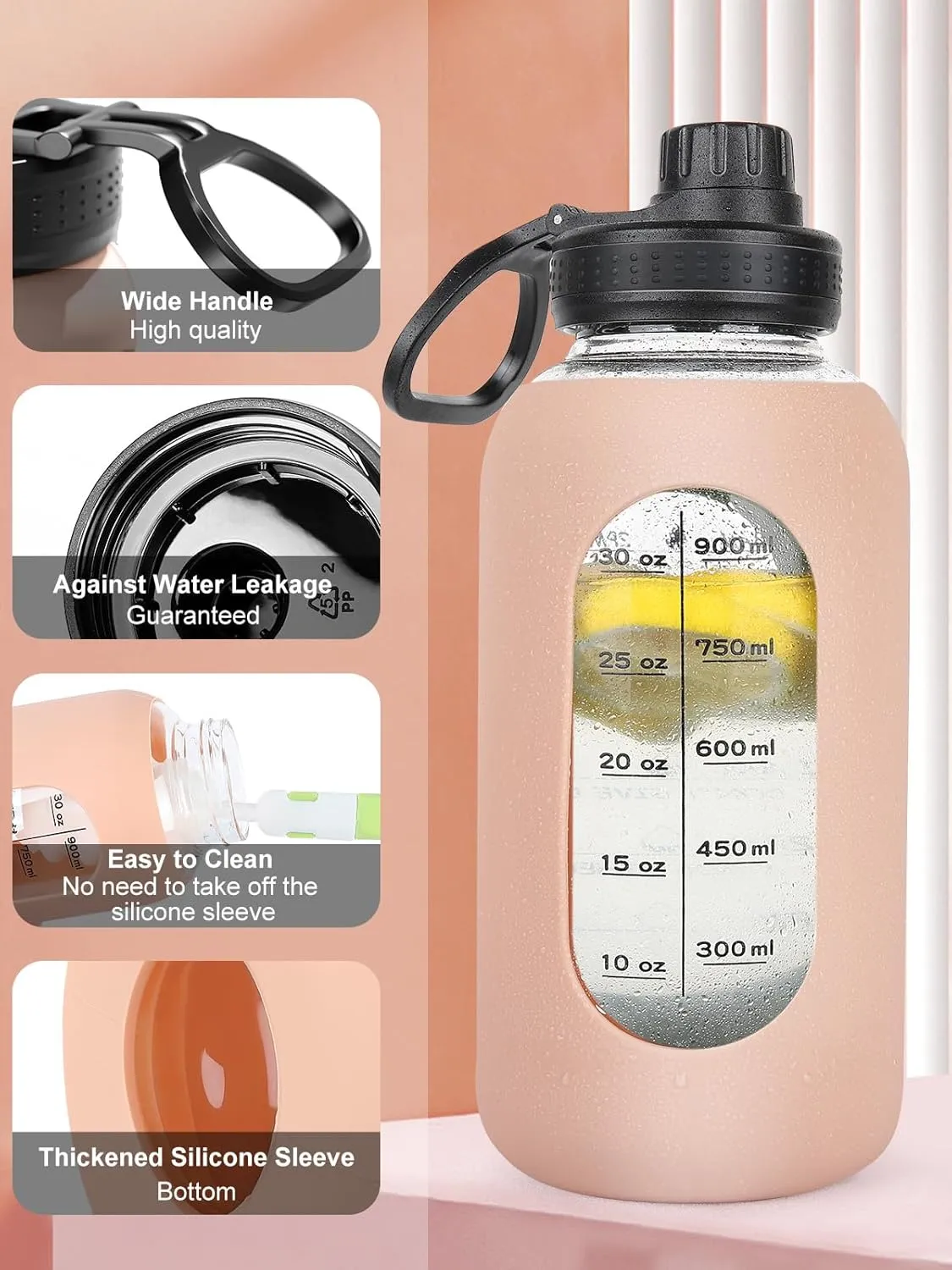 40oz Glass Water Bottle with Handle Lid Time Marker Motivational Sport Water Jug with Silicone Sleeve Water Flask Canteen Wide Mouth Water Bottle for Gym Workout Travel Office Home Everyday Hydration