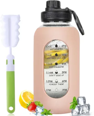 40oz Glass Water Bottle with Handle Lid Time Marker Motivational Sport Water Jug with Silicone Sleeve Water Flask Canteen Wide Mouth Water Bottle for Gym Workout Travel Office Home Everyday Hydration