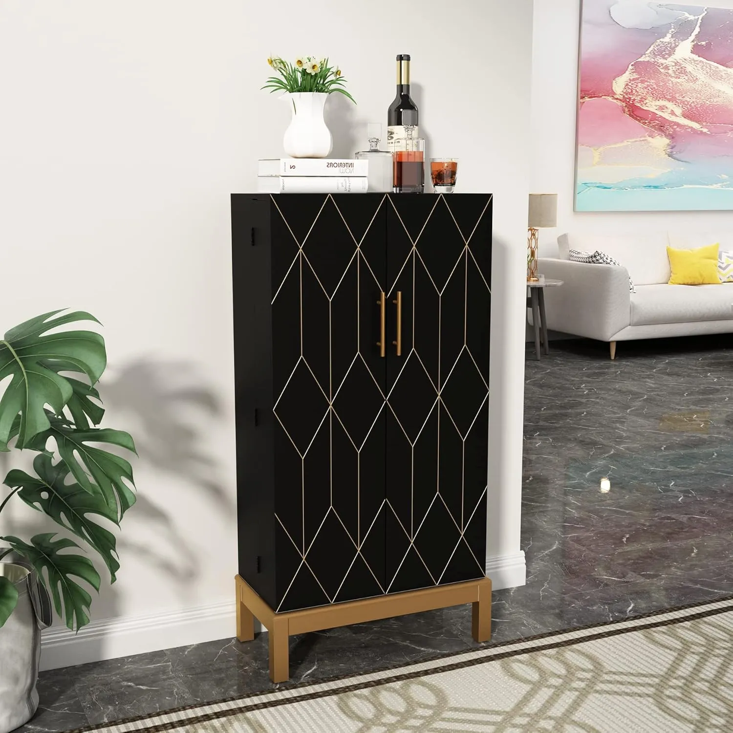 45'' Kitchen Pantry Cabinet,Storage Cabinet with Doors and Adjustable Shelves,Food Pantry for Kitchen, Dining Room,Living Room and Garage,Gold Lines and Legs,Pure Black
