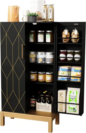 45'' Kitchen Pantry Cabinet,Storage Cabinet with Doors and Adjustable Shelves,Food Pantry for Kitchen, Dining Room,Living Room and Garage,Gold Lines and Legs,Pure Black