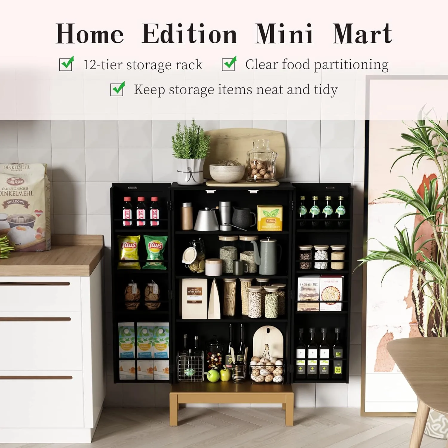 45'' Kitchen Pantry Cabinet,Storage Cabinet with Doors and Adjustable Shelves,Food Pantry for Kitchen, Dining Room,Living Room and Garage,Gold Lines and Legs,Pure Black