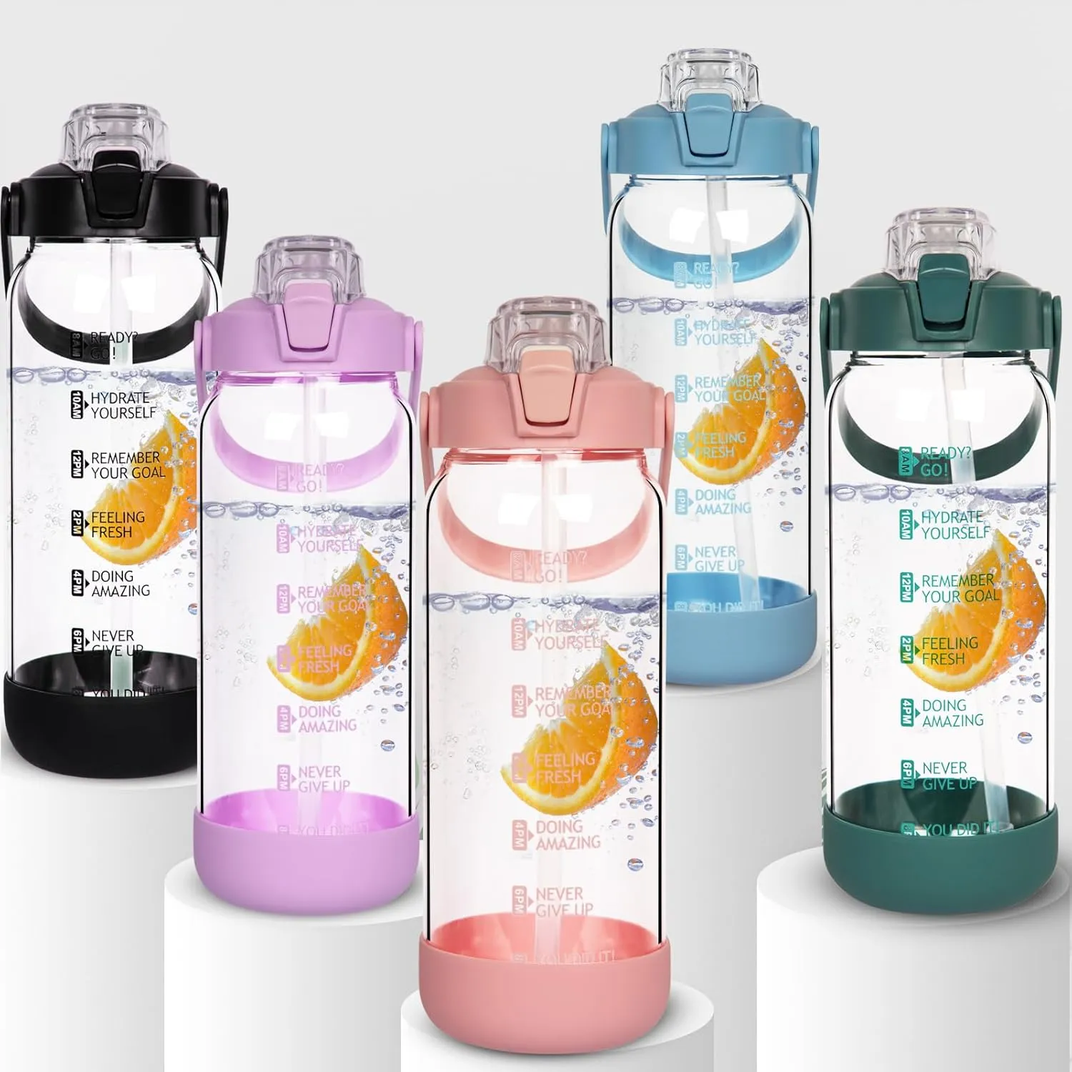48 oz Glass Water Bottle with Straw and Time Marker, Large Motivational Borosilicate Glass Drinking Bottle with Silicone Boot and Sleeve